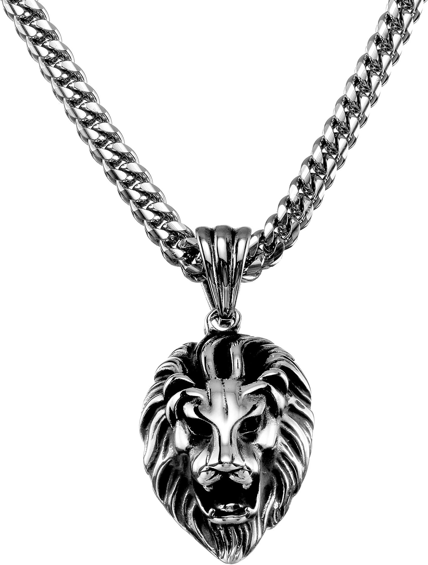 Huge Lion Necklace 18K Gold Stainless Steel Head Pendant Necklace Mens Hip Hop Rapper with 14MM/6MM Miami Cuban Link Chain 30inches/24inches