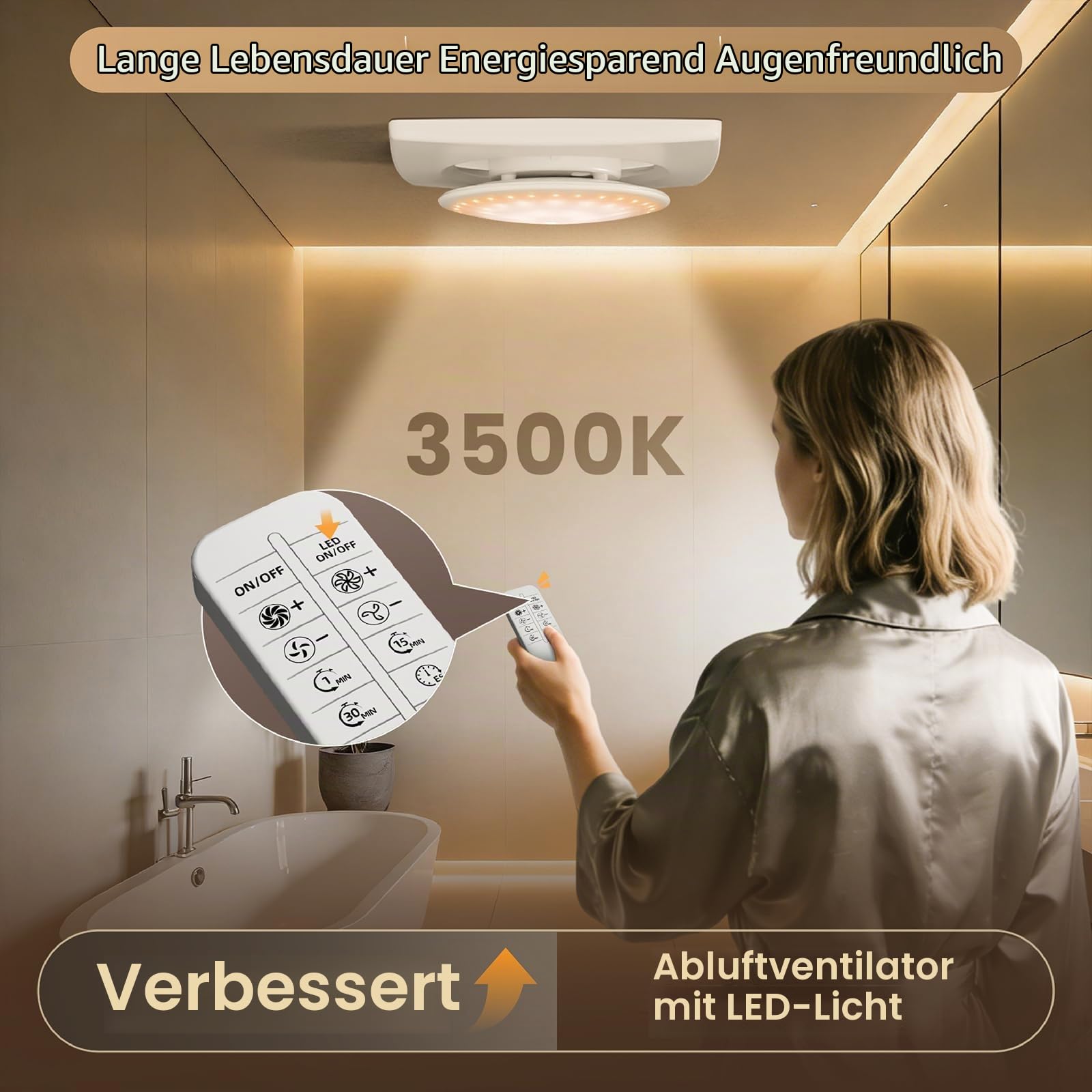 100mm Badlüfter mit Nachlauf & LED Beleuchtung,3000U/min 220m³/h,2 Wege 6 Drehstufen mit Anzeigelampen & Fernbedienung,Starke Luftleistung,2W DC Motor,Einfach Installieren
