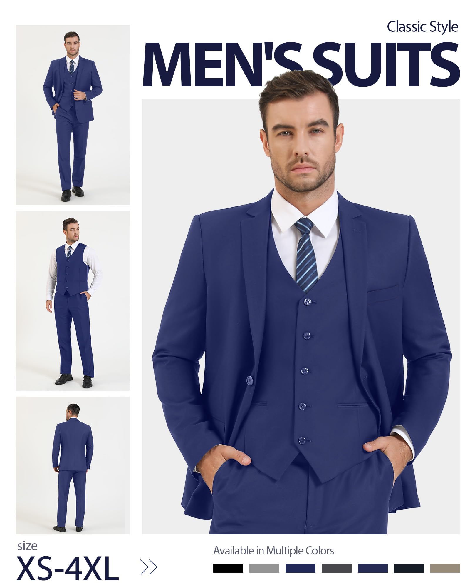 Cooper & Nelson Traje ajustado para hombre, traje de 3 piezas para hombre, chaqueta de color liso de un botón, chaleco y pantalones con corbata, conjunto de esmoquin