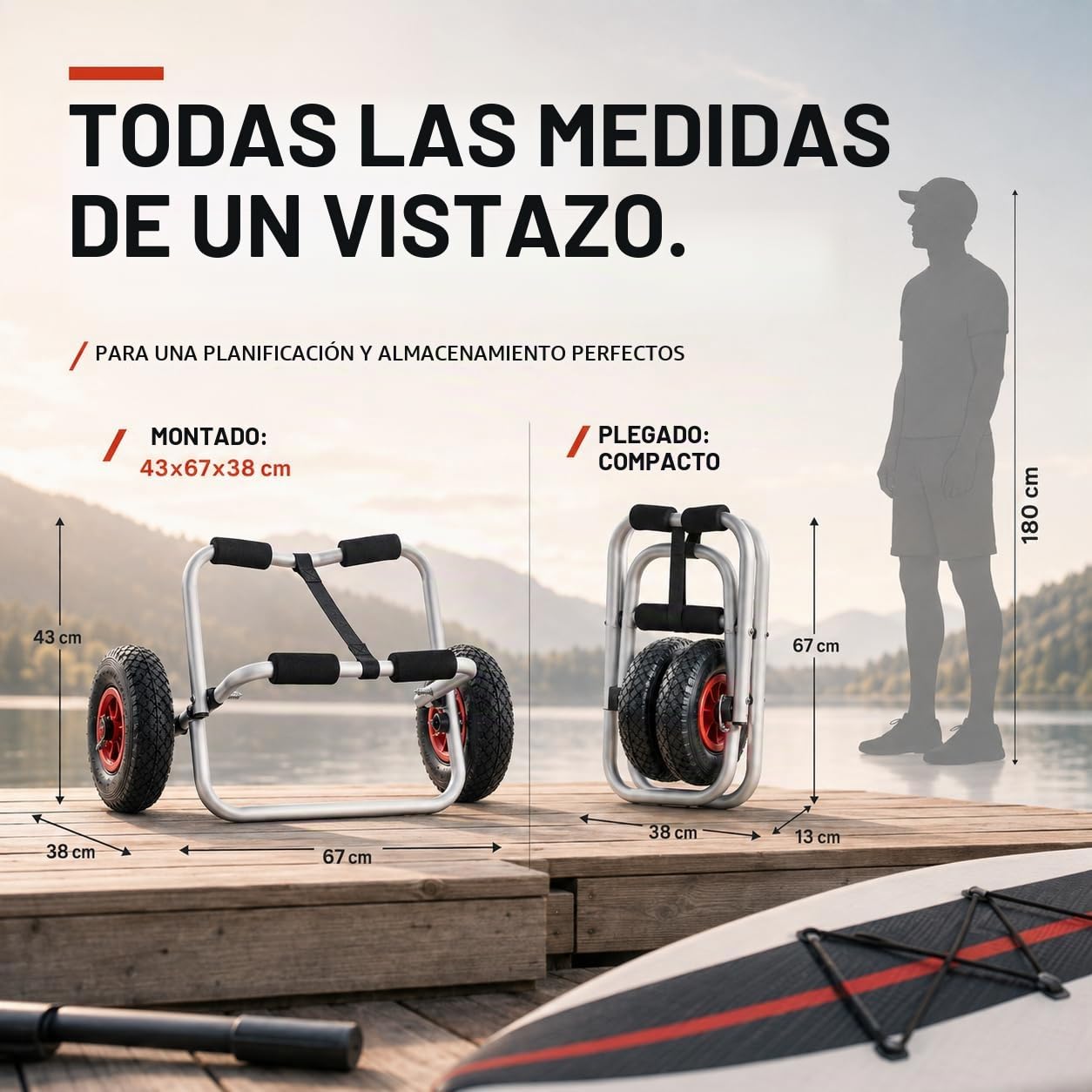 Brunelli Carro para kayak, canoa, plegable, para barco, kayak, canoa, barco, accesorios, carga de 80 kg