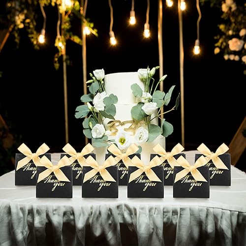 Miniatura 7 de Geosar 50 bolsas de regalo de agradecimiento con lazo dorado, pequeñas bolsas de papel con purpurina de 4.5 x 3.9 x 1.8 pulgadas, mini bolsas de