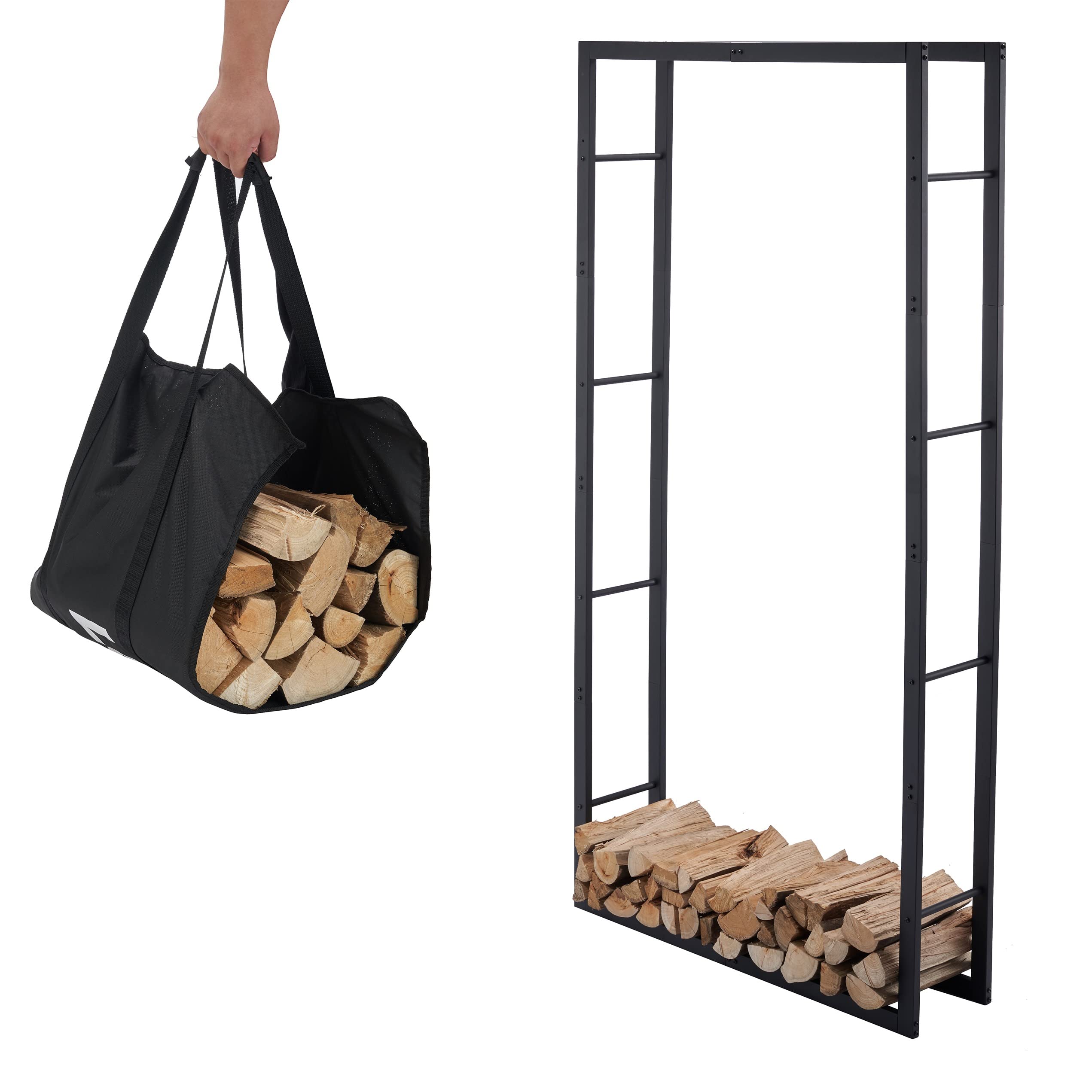 Lendo Online Kaminholzregal + Tragetasche - Innen & Außen - Feuerholzregal - Kaminholzständer - Brennholzregal - Schwarz - Metall (100x25x196cm)