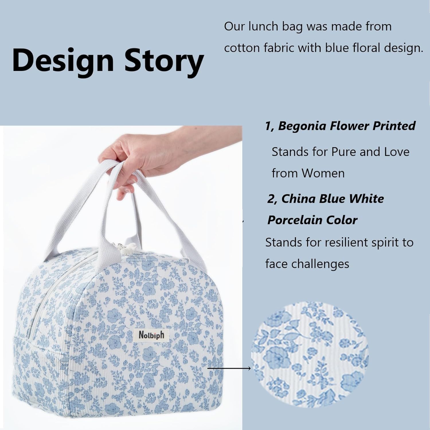 Cute Lunch Bag,Lunch Box for Women,Floral Lunch Bags,Reusable Large Capacity insulated Cooler Bag for Adult, Cute Corduroy Lunch Tote for Work Office Travel Picnic (Blue-Flower) - Image 2