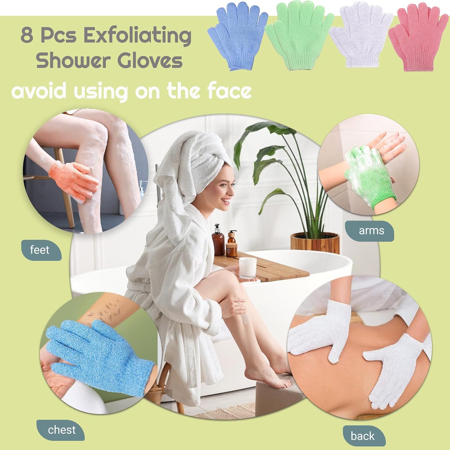 8 Pcs Shower Gloves Eexfoliating for Women & Men(4 Pairs), Double Sided Deep Clean Body Nylon and Polyester Bath Exfoliator Scrub Gloves Bulk for Shower, Spa, Massage, Dead Skin Cell Remover