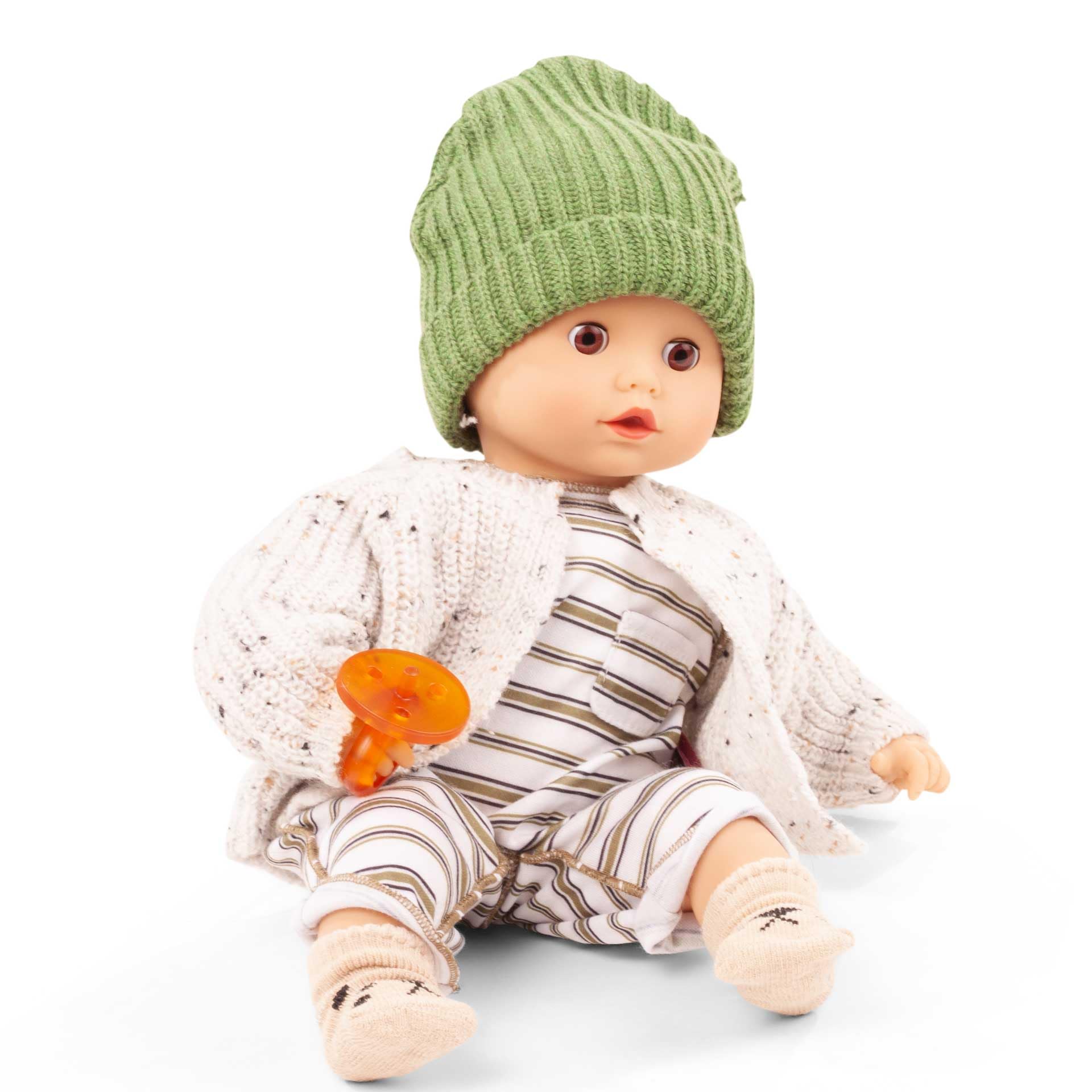 Götz 2420562 Muffin Baby Urban Stripes Puppe 33 cm Babypuppe | braune Schlafaugen, 7-tlg, ohne Haare, Weichkörper, für Kinder ab 18 Monaten, waschbar, mit Schnuller, Strickjacke und Mütze