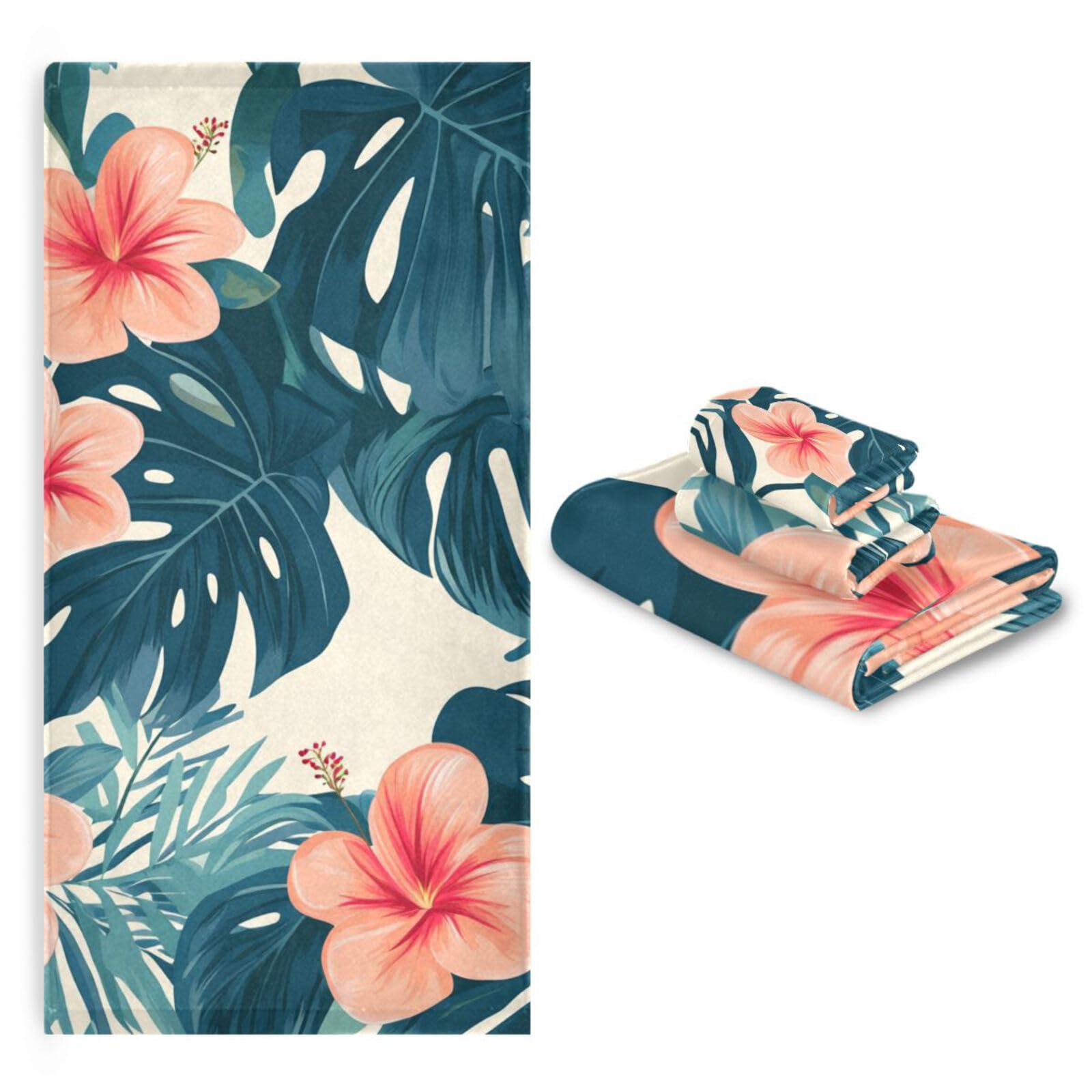 Set di 3 asciugamani per la pulizia del viso in stile tropicale con foglie verdi e fiori rossi, 1 asciugamano da bagno, 1 asciugamano per le mani, 1 panno per il viso del corpo