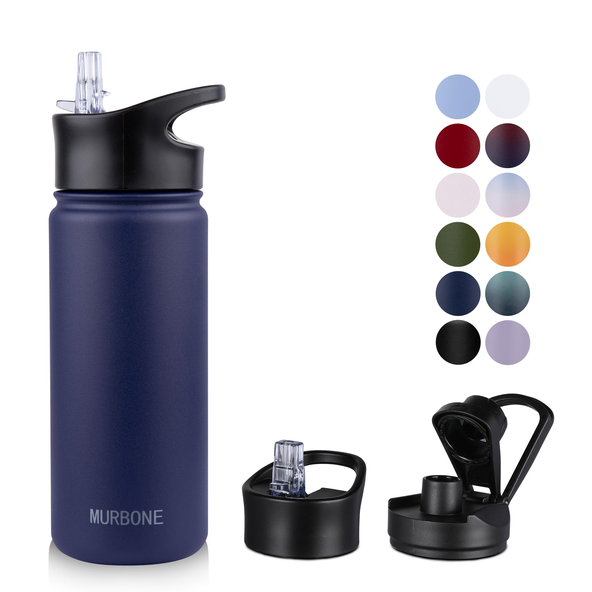 MURBONE Insulated Water Bottle, 500ml Stainless Steel Drink Flask with Straw, BPA Free