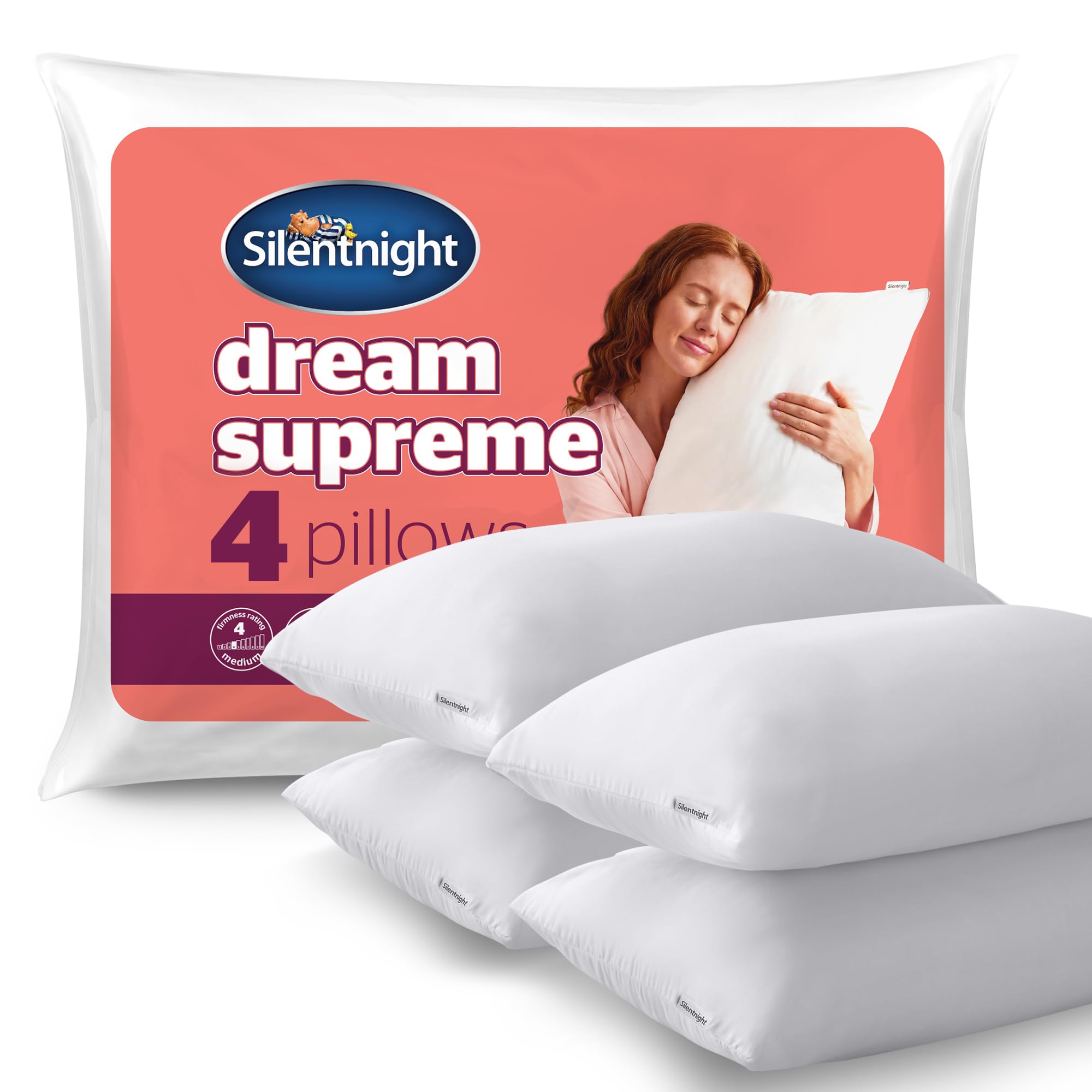 Silentnight Dream Supreme Pillows 4 Pack - Cloud-Like Comfort Bed Pillows for Front, Back & Side Sleepers Medium Soft Support with Soft Touch Hypoallergenic Covers - Machine Washable - Pack of 4