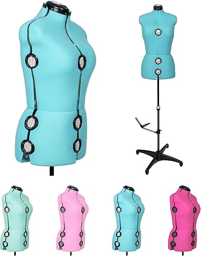 BHD BEAUTY Vestido de maniquí ajustable de tela para mujer, color turquesa, con 13 diales, para coser, torso corporal de maniquí con soporte para