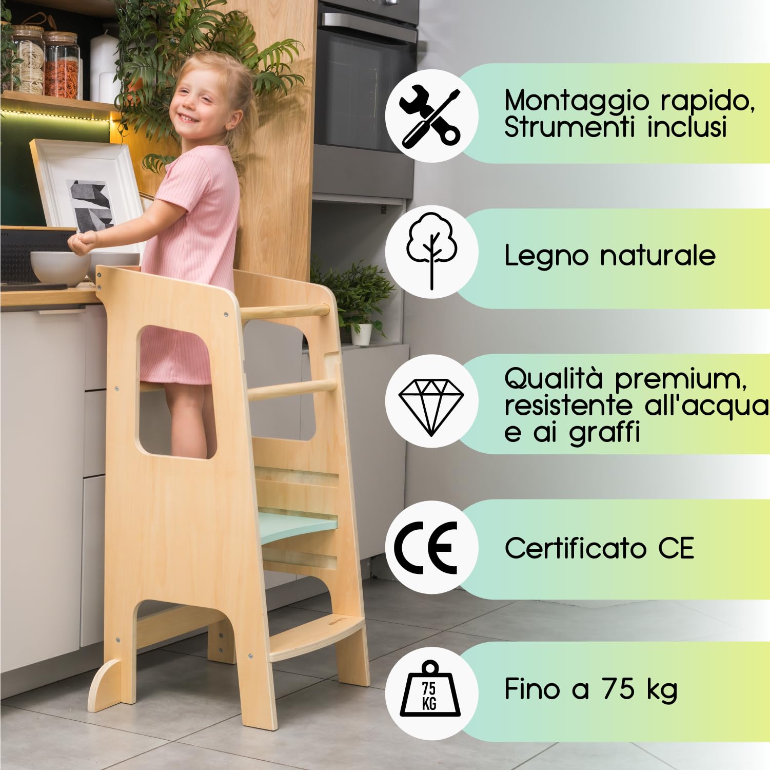 Torre Montessoriana bambini legno naturale 3 livelli Antiscivolo Anti ribaltamento Doppia barra sicurezza CE