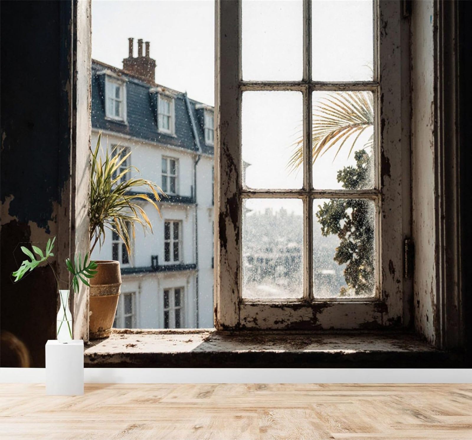 XLMING Historic Buildings Potted Plants Palm Leaves Rustic Style Windows Scenery 3D Wallpaper Silky Texture Home Study Office Grey Dining Room Sofa Bedroom Living Room TV Backdrop-400cm×280cm