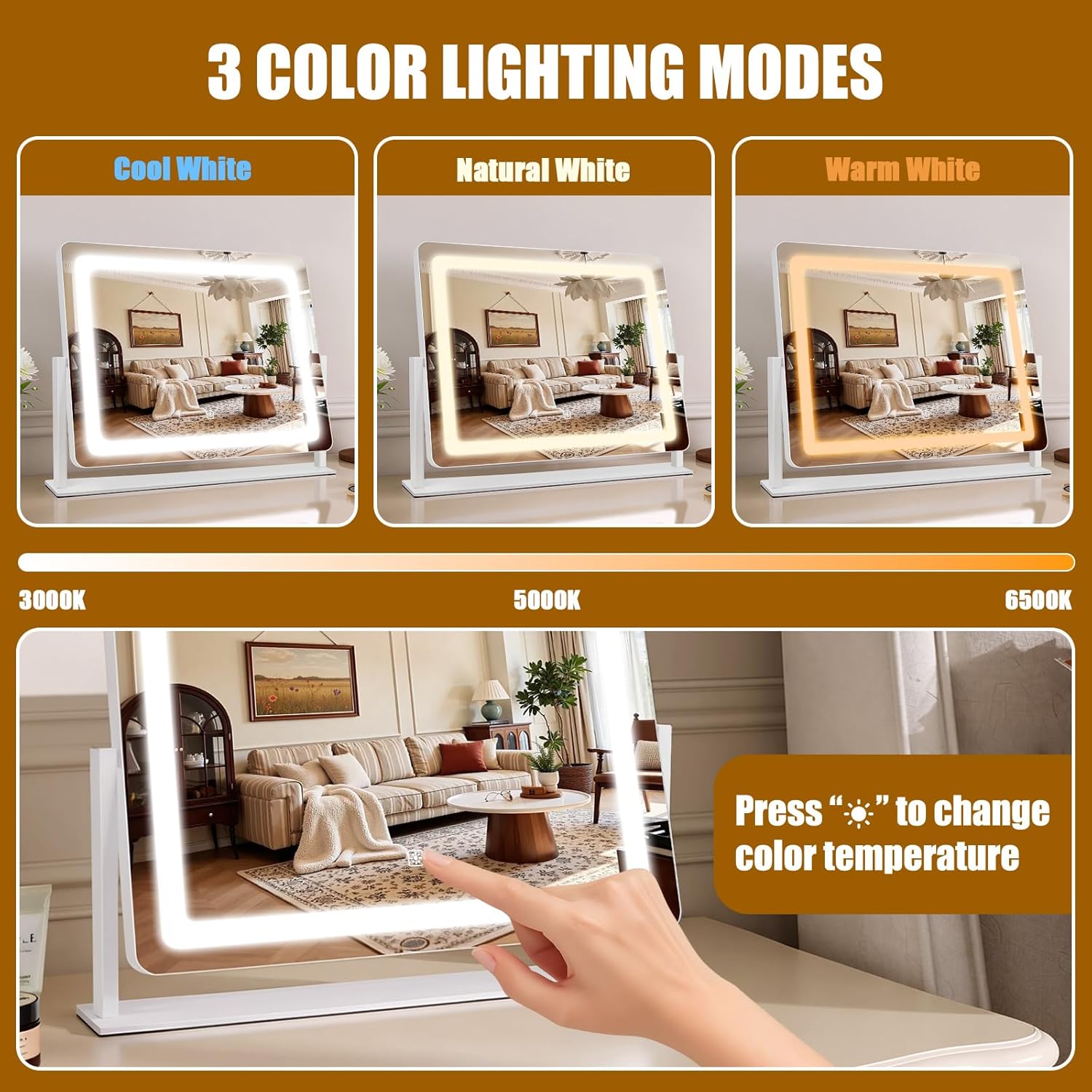 Vanity Mirror with Lights 22"×17", Large LED Makeup Mirror with Light, Smart Touch with 3-Color Lighting, Dimmable, 360° Rotation, HD Desk Mirror, Vanity Mirror Tabletop (White)