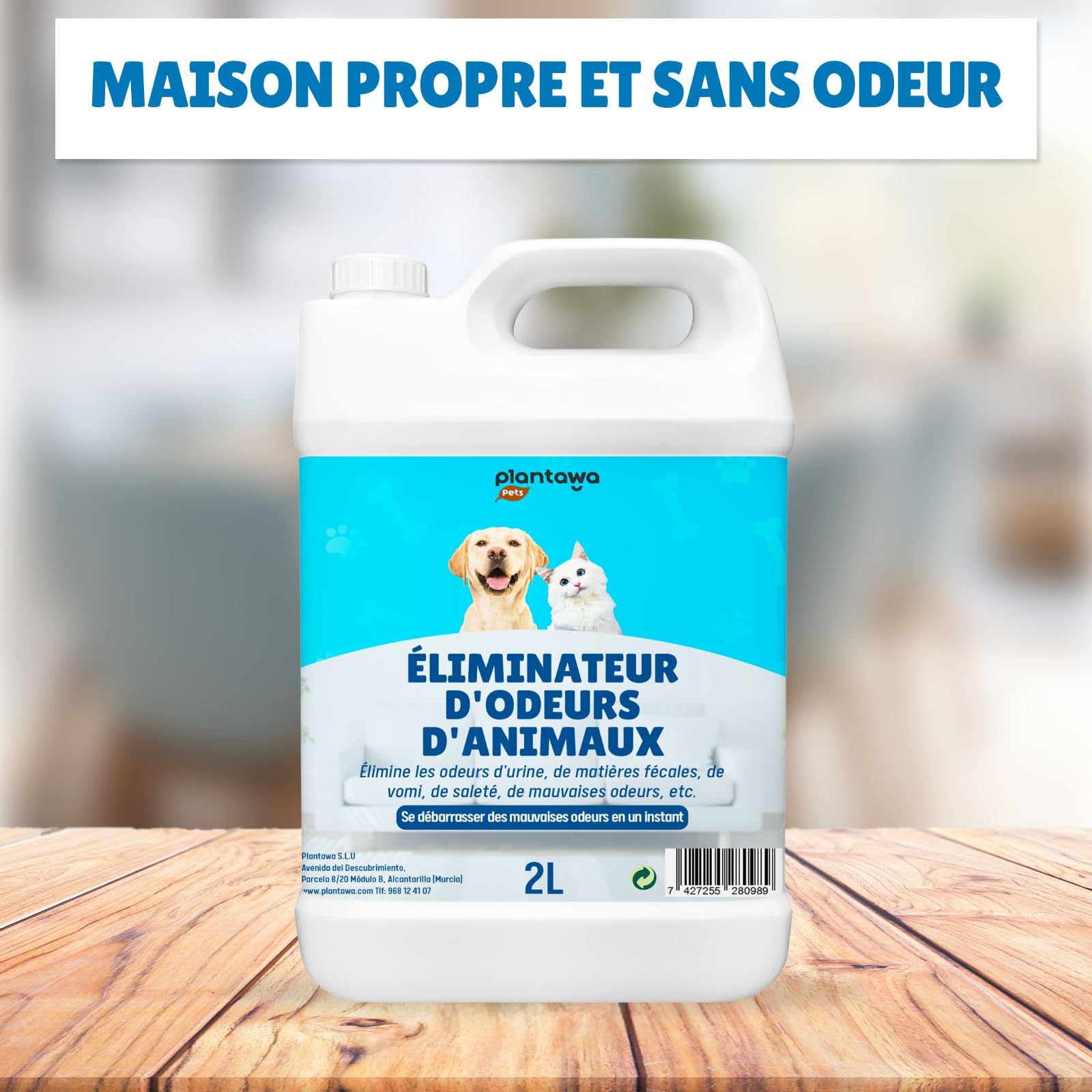 PLANTAWA Éliminateur instantané d'odeurs d'animaux domestiques 2L. Neutraliseur Enzymatique Odeurs Urine Fèces Vomissements. Intérieur et extérieur, Patio Jardin. Anti Odeur Urine Chiens Chats.