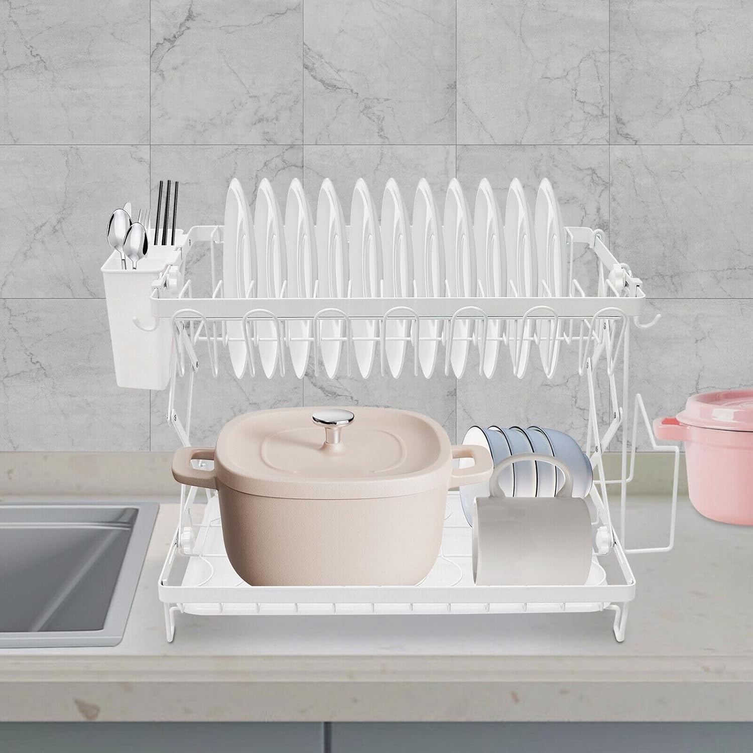 2 Tier Dish Drying Rack for Kitchen, Foldable Dish Drying Rack, Dish Drainer Rack