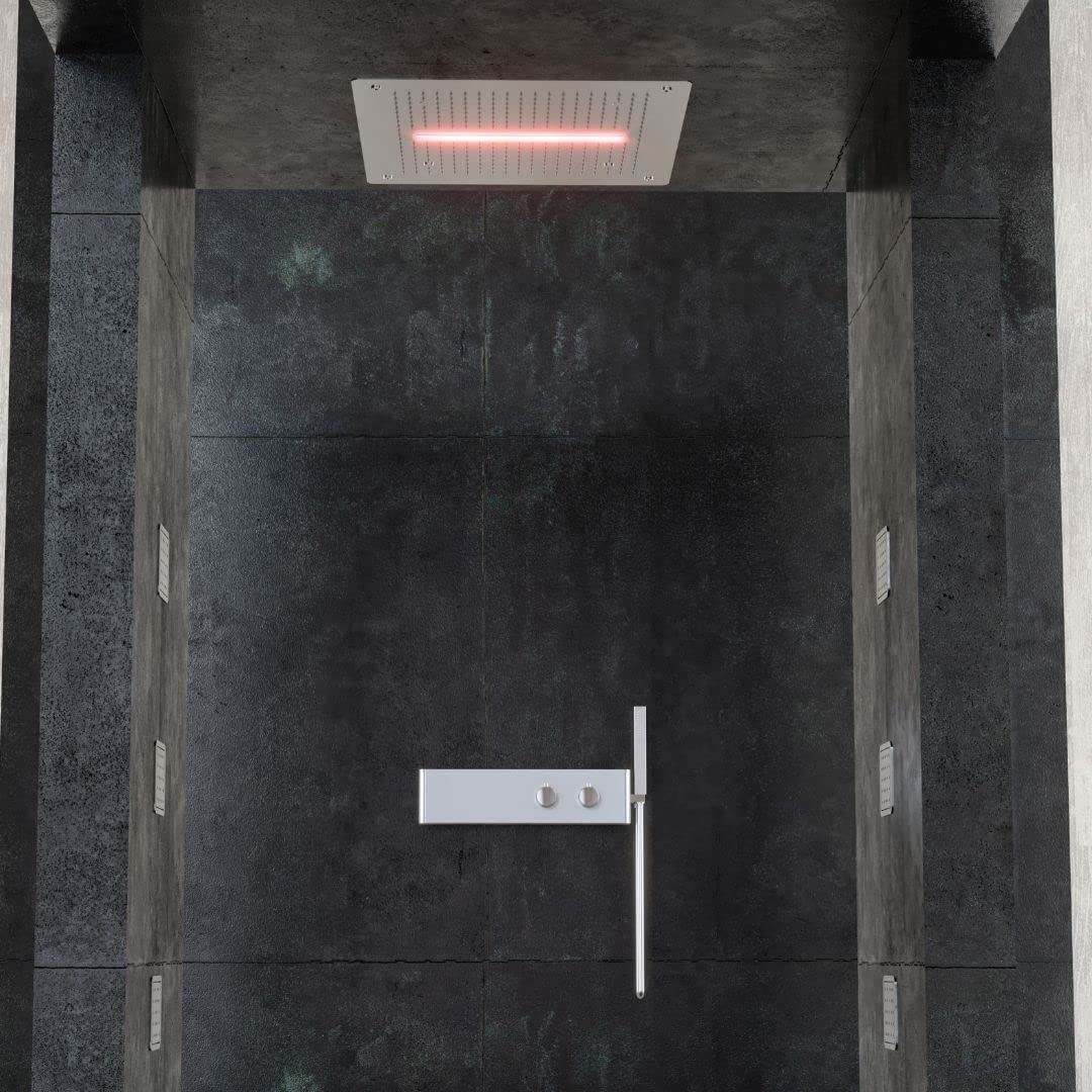 Soffione Doccia LED a Soffitto Installazione Da Incasso Con Cascata Acciaio Inox Quadro