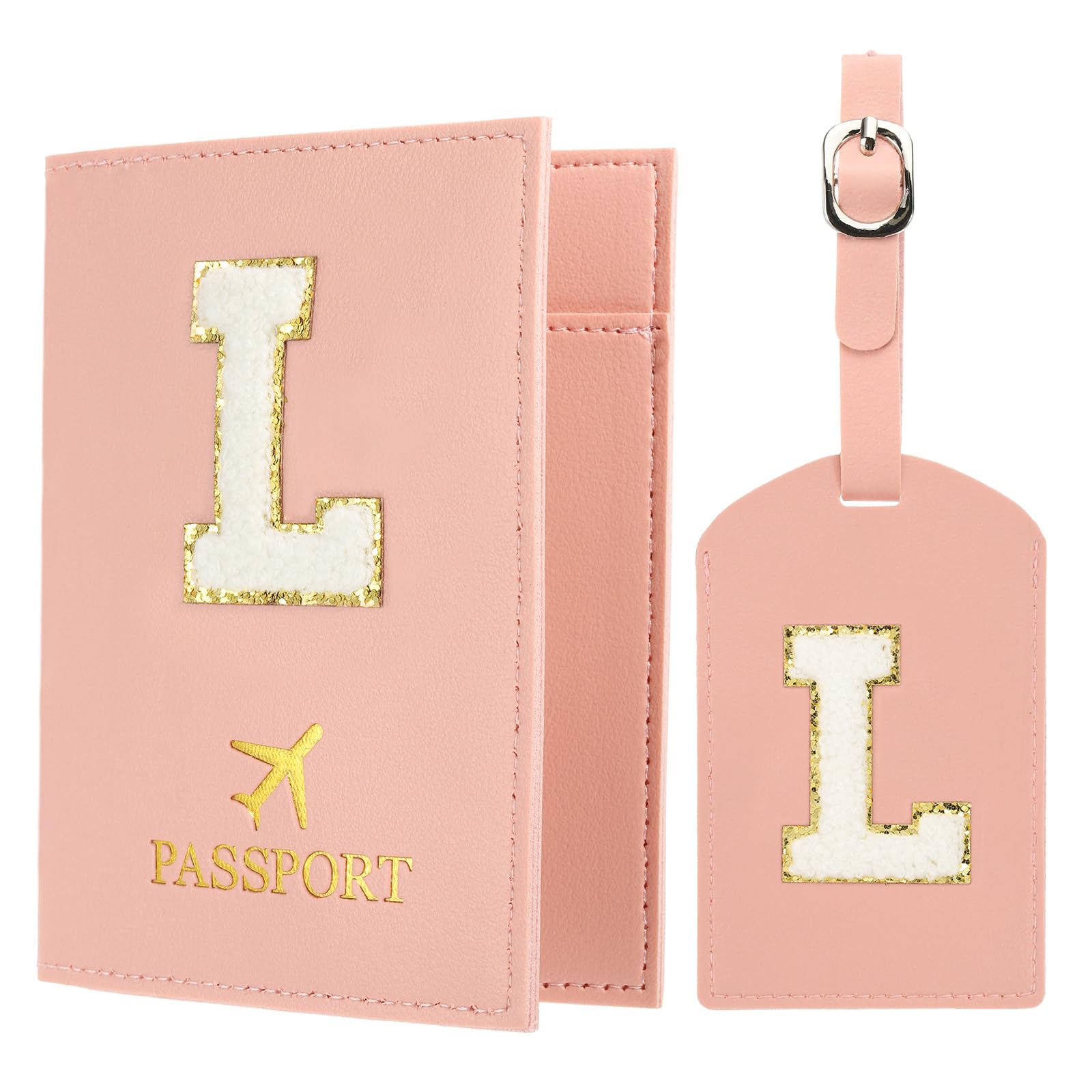 Passport Holder for Travel, Initial Passport Cover and Luggage Tag Set with Alphabet Chenille Letter Patch Travel Wallet Bag Suitcase Identifier for Women Family Travel Pink L, Pink, Modern-image-23