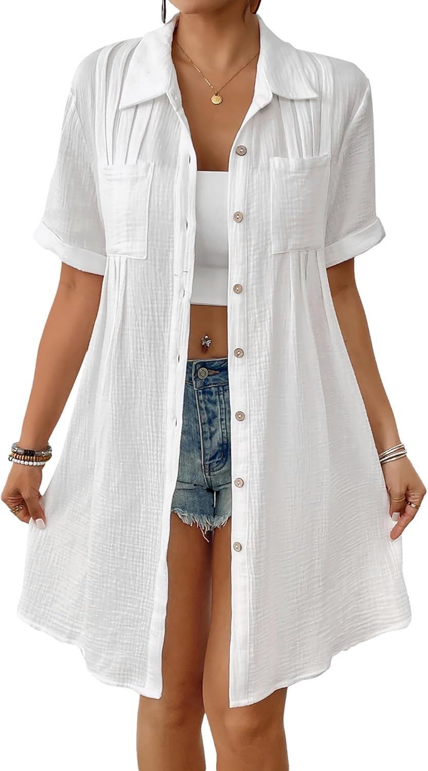 Bsubseach Swimsuit Cover Up for Women Short Sleeve Button Down Blouse Bathing Suit Cover Ups Cotton Beach Shirt Dress