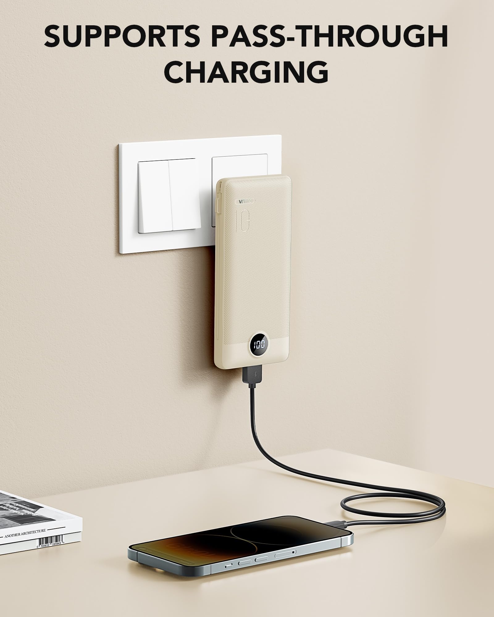 Portable Charger Built-in Cables and AC Wall Plug, USB C Power Bank 10000mAh, Travel Battery Portable Phone Charger Compact Lightweight External Battery Pack for Smart Phones, Tablets etc-Light Coffee view 2