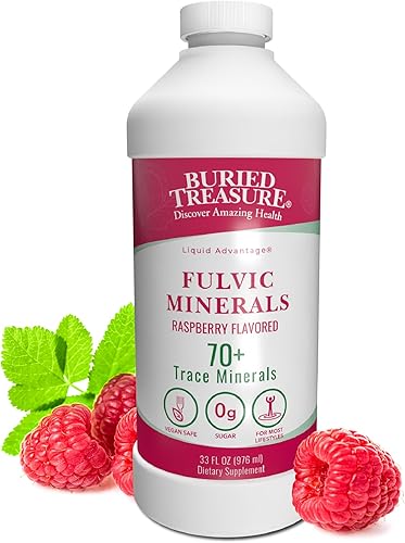 Buried Treasure Complejo mineral fúlvico, 32 onzas, sabor a frambuesa natural con más de 70 minerales derivados de plantas, reemplazo de