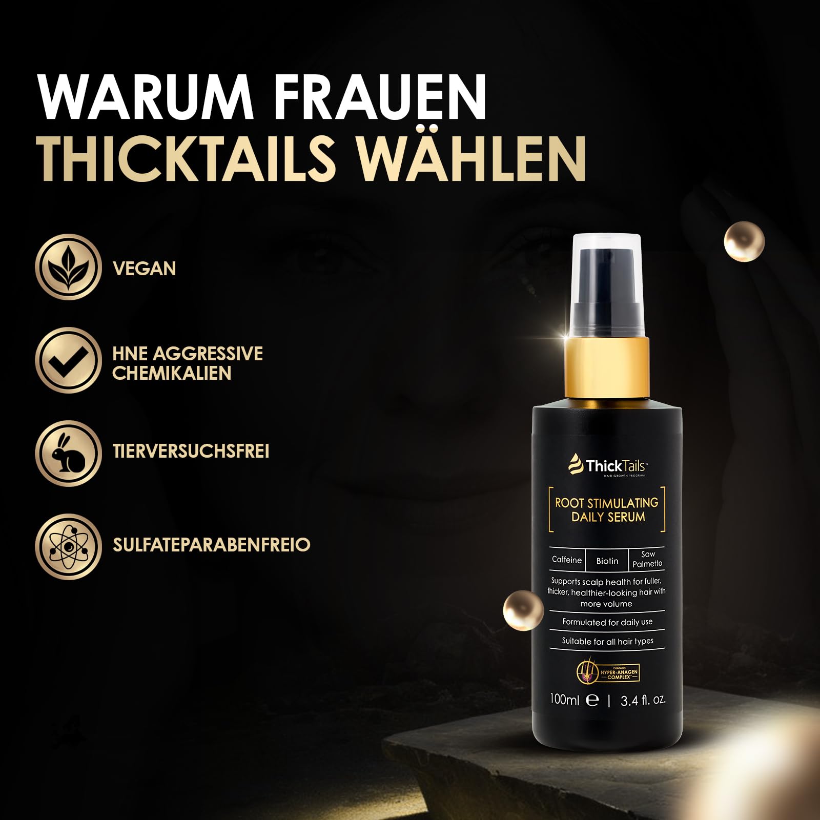 ThickTails Haarwachstums-Serum für Frauen – Leave-In Serum mit Koffein, Biotin & Peptiden – Unterstützt volleres, kräftiger aussehendes Haar & gepflegte Kopfhaut – Leicht, nicht fettend, sulfatfrei