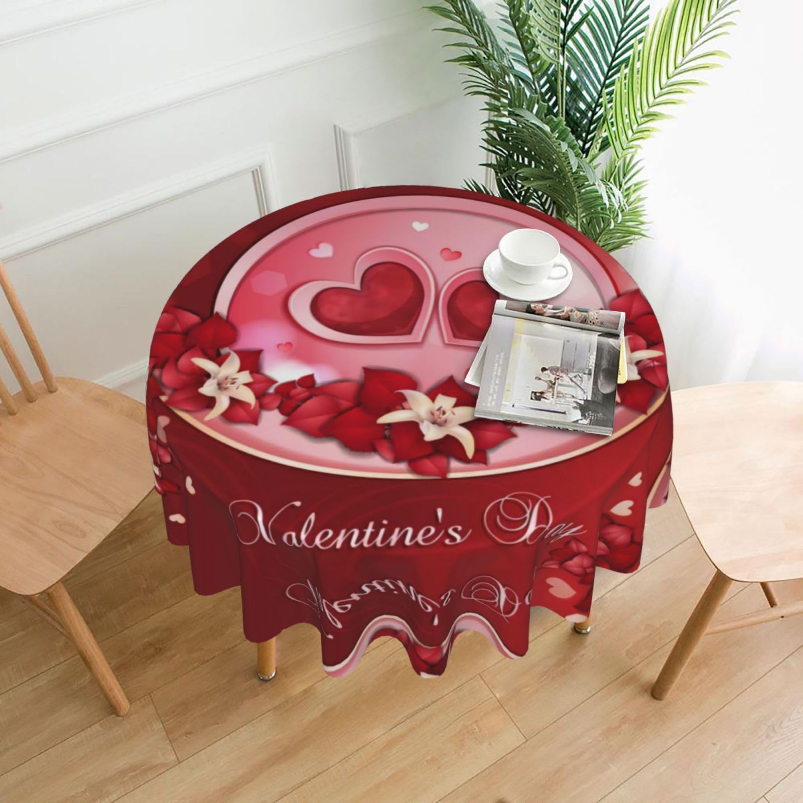 WHJSSF Happy Valentine's Day Prints Round Decorative Table Throw 60 Inch – Waterproof Table Cover for Dining, Coffee Tables, and Outdoor Events