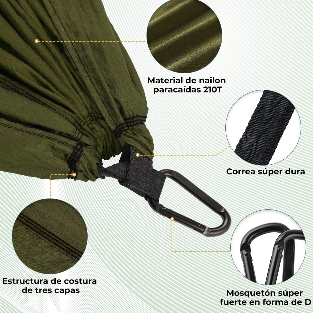 Glymnis Hamaca Ultraligera de Nailon, 300 kg de Capacidad de Carga, 275 x 140 cm, 2 Correas de Nailon y 2 Mosquetones, Hamacas Colgantes para Acampada de Viaje al Aire Libre y Jardín