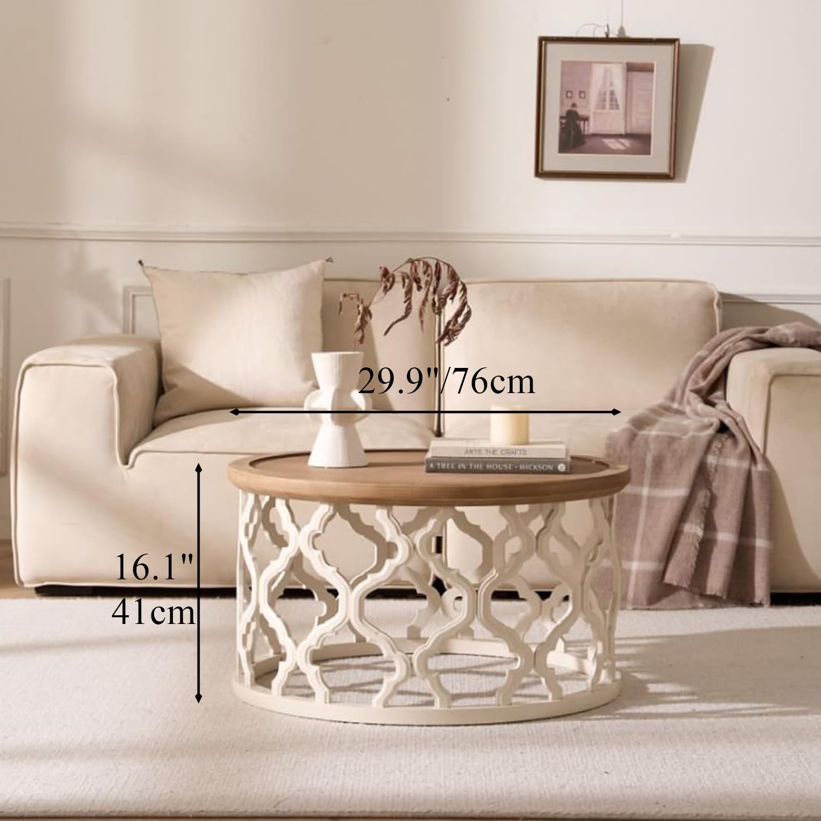 Table Basse Ronde, Table de Salon en Bois avec Pieds ajourés, Table Basse Moderne avec Bords surélevés pour Salon ou Chambre à Coucher, Table Basse Ronde Ø76x41cm (Ø76x41cm)