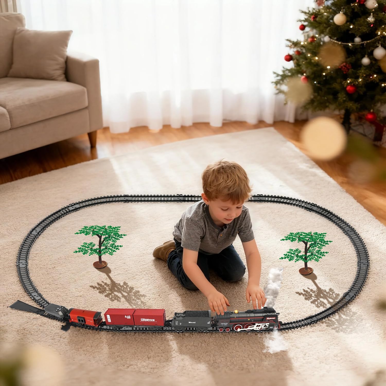 Trenino Elettrico Giocattolo per Bambini, Telecomandi Locomotiva Vapore con Pista Lunga, Affumicato, Luci e Suoni, Compleanno Natale Regalo per 3 4 5 6 7 Anni Ragazze Ragazzi, Decorazione Natalizia