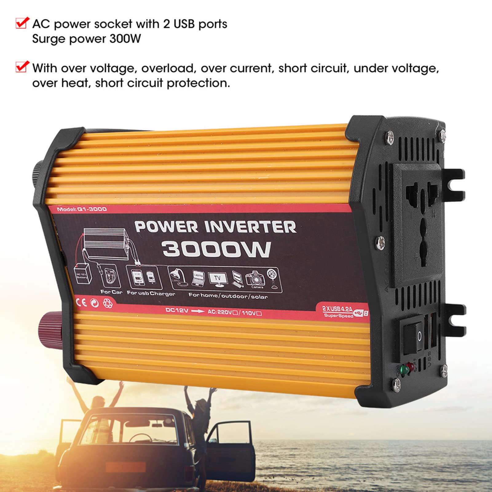 Inversor de Coche Qiilu, inversor de Coche USB Dual Convertidor de Potencia automático Adaptador de Onda sinusoidal modificada de 300 W (12 V a 220 V)