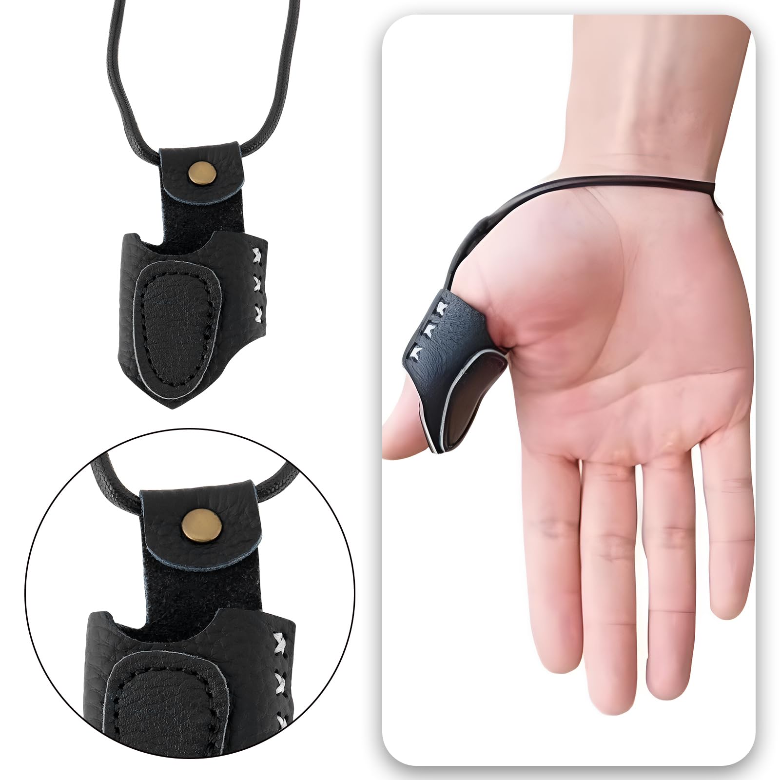 YINETTECH 1PC Archery Thumb Ring PU Leather Thumb Guard Ring with Rope Length 30cm for Novice Archers Archery Competition Training Black