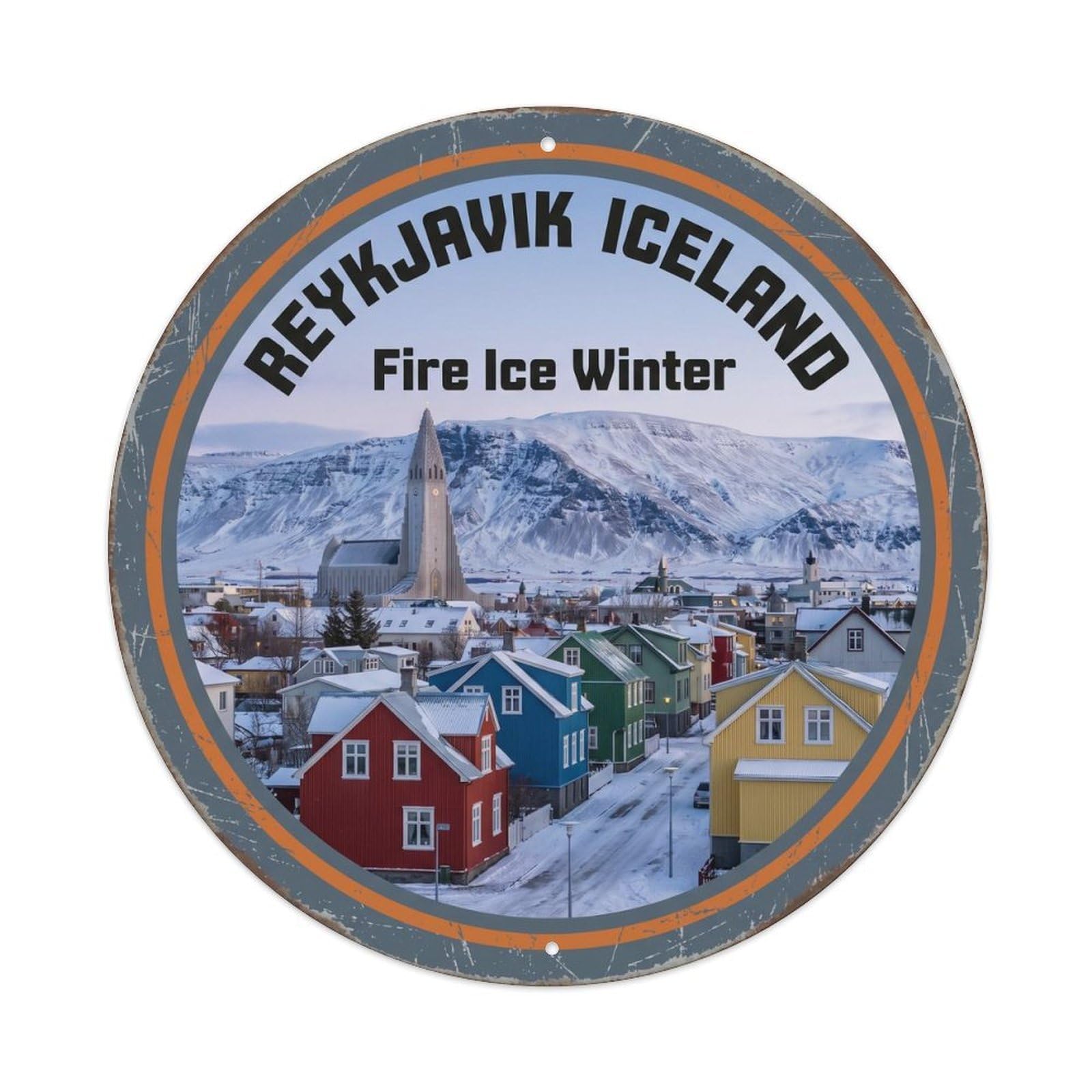 Vintage Travel Reykjavik Iceland Winter Metal Tin Sign Plaque Wall Decor for Cafe, Club, Garden Round Metal Poster 8x8Inch