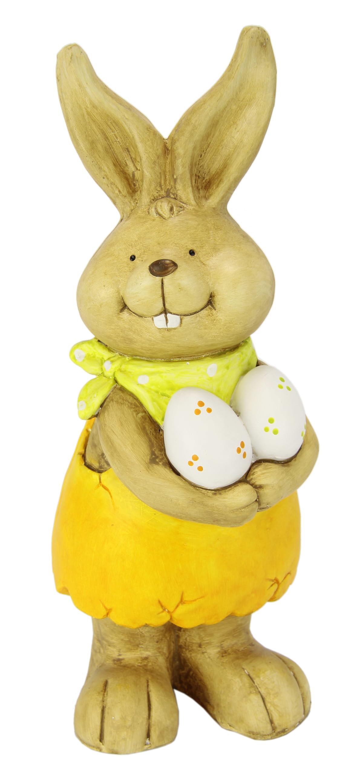 Osterhase Mädchen Figur 46 cm – Deko Hase aus Magnesia – Osterdekoration stehend – Hasenfigur Frühling Ostern Innen & Außen – gelbes Kleid mit Ostereiern