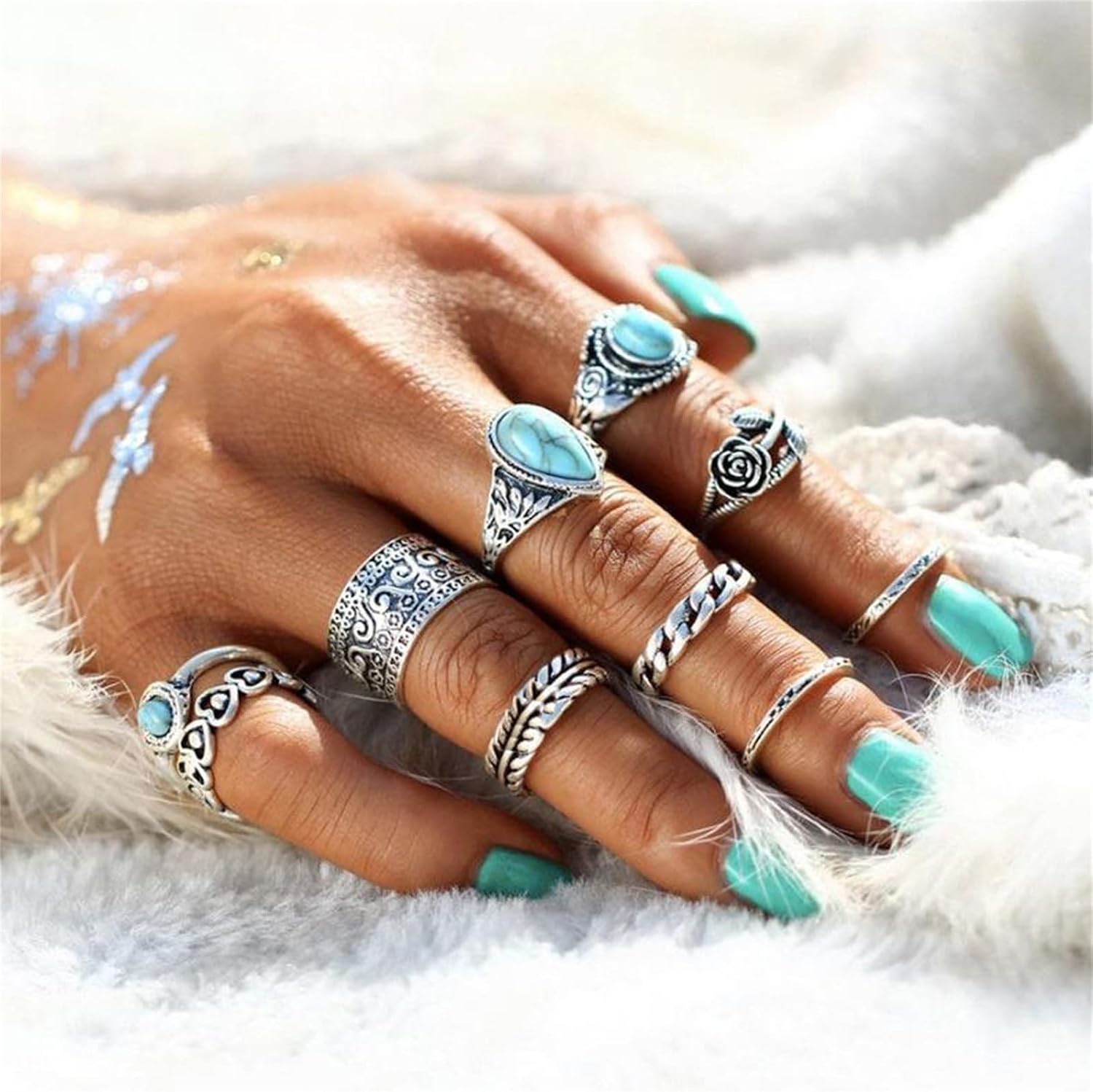 Bohemian Turquoise Ring Set for Women,Vintage Gem Turquoise Opal Joint Knuckle Stackable Rings Chunky Boho Midi Ring Pack Punk Western Ring Mixed Size - Image 3