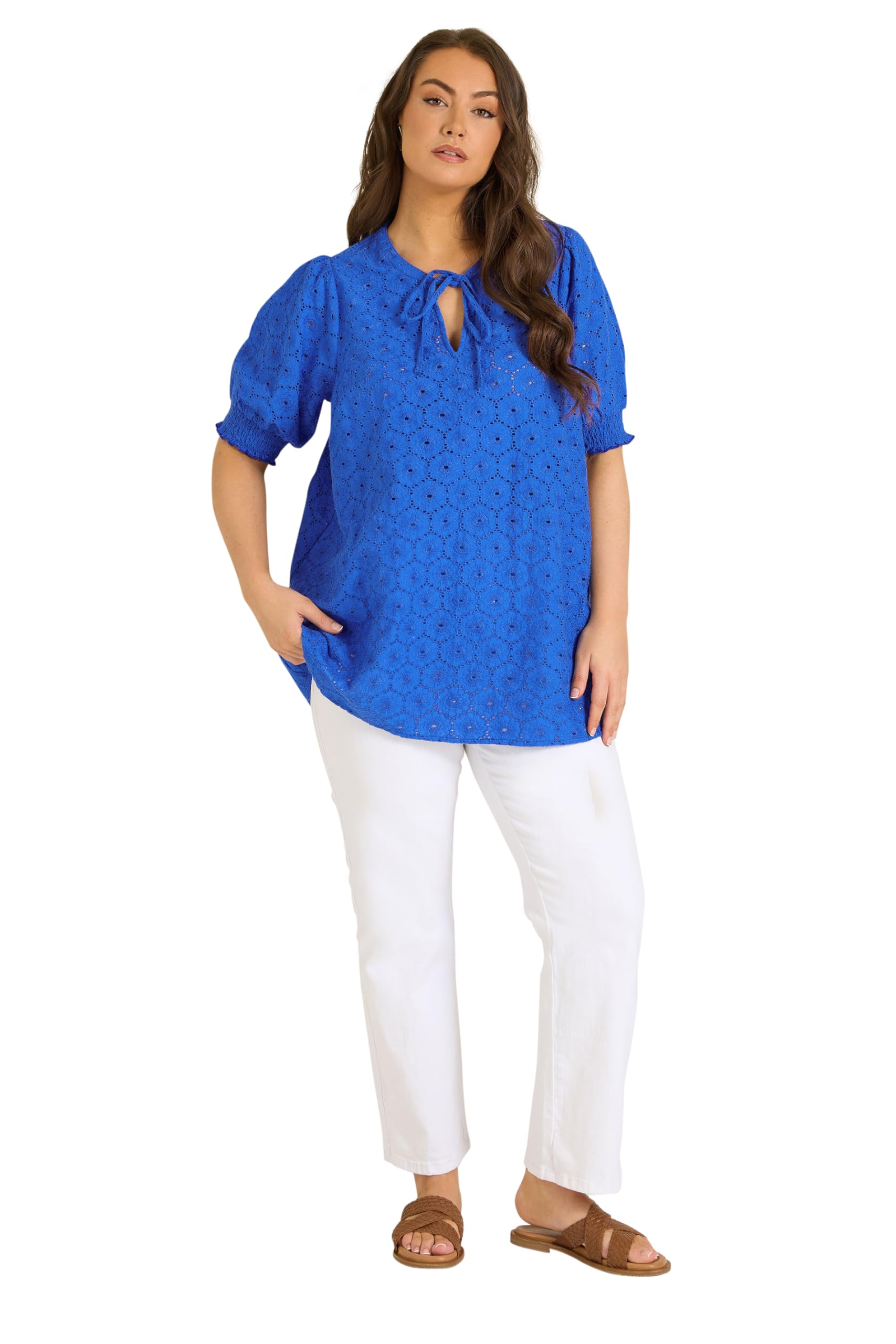 Evans Women's Blue Curve Floral Broderie Tie Neck Blouse - Plus Size Curve