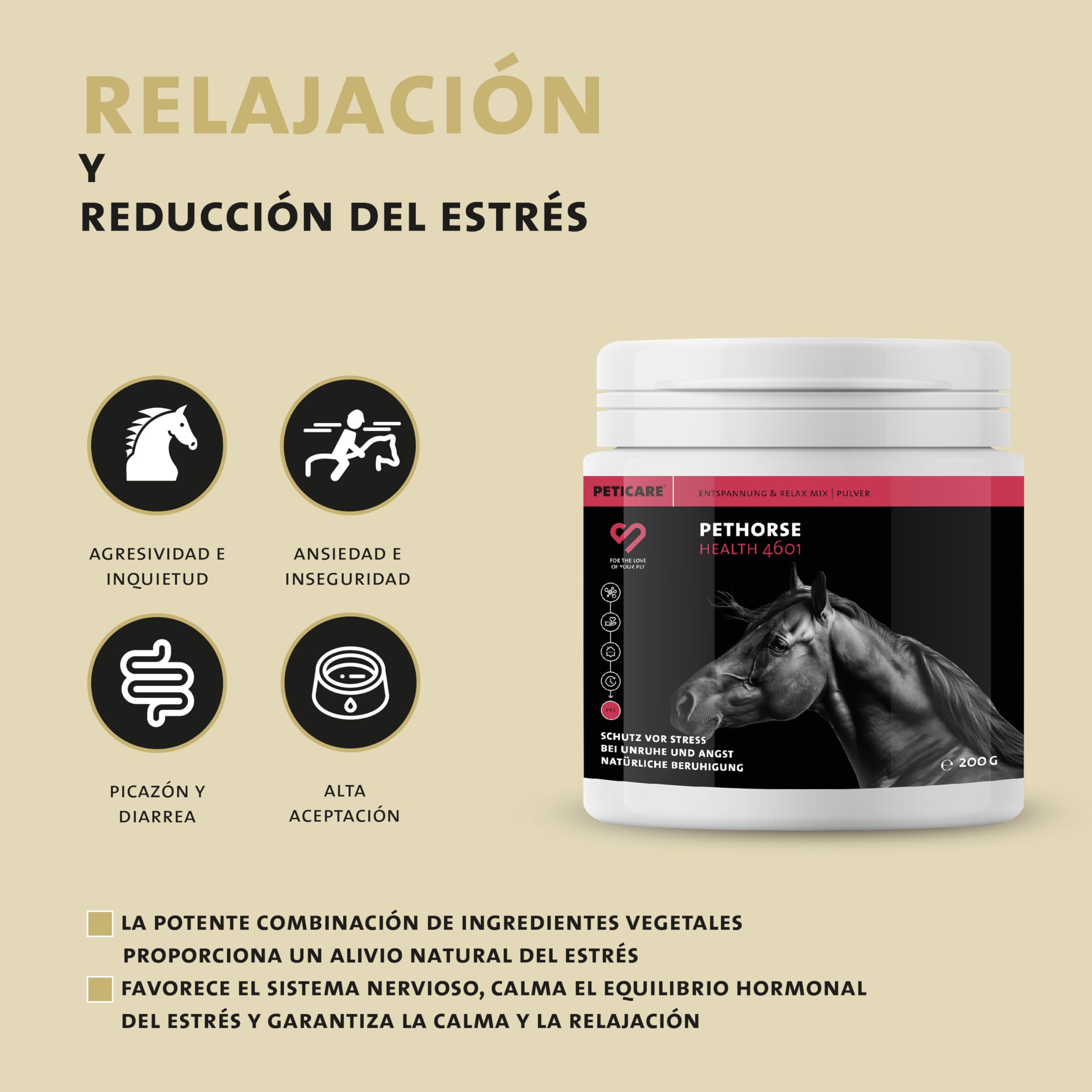 Peticare Relax-Mix Polvo para Caballos | Suplemento alimenticio calmante | Ingredientes Naturales, con valeriana y ashwagandha | Alivio del estrés y relajación | petHorse Health 4601
