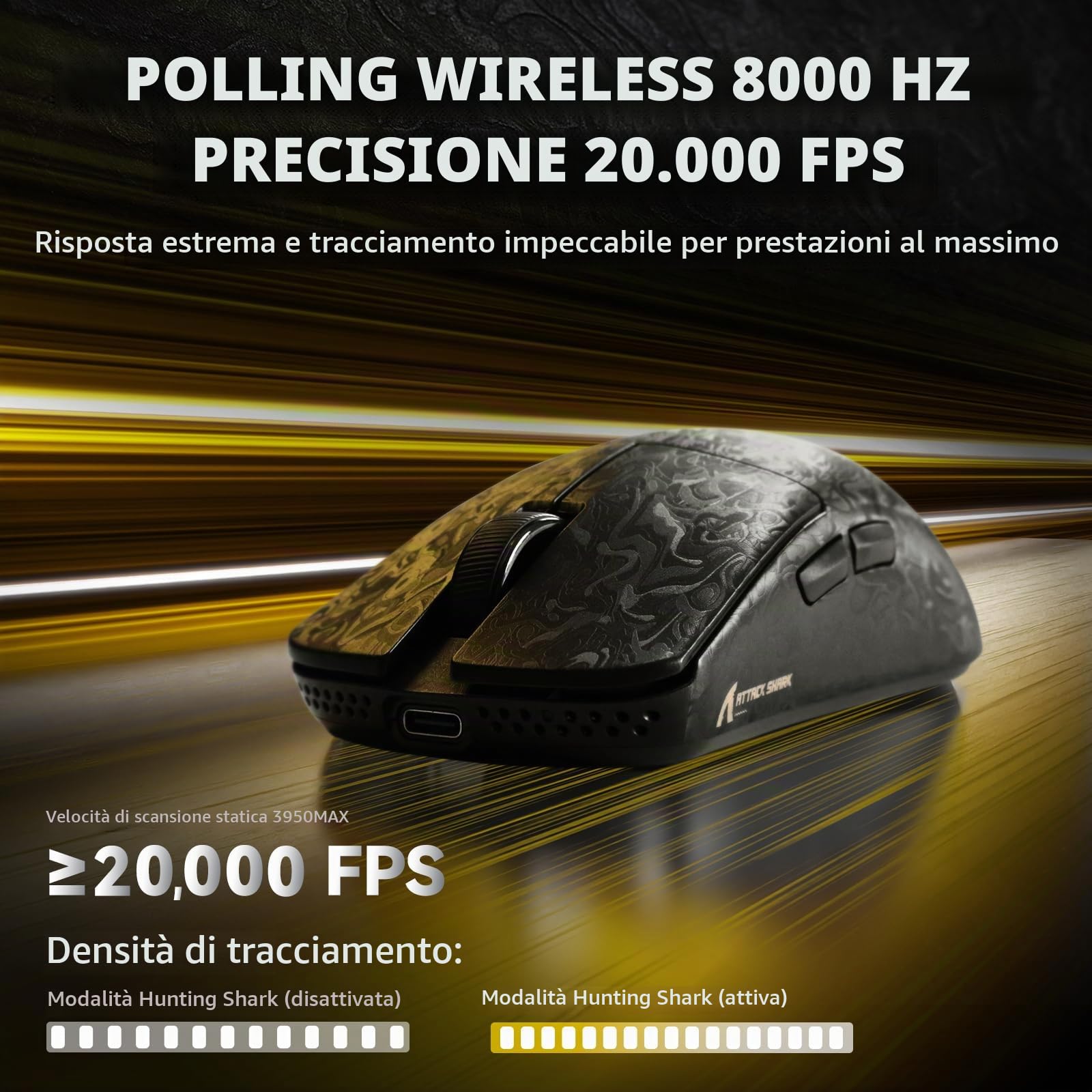 ATTACK SHARK R11 ULTRA Mouse Gaming Wireless 8000Hz in Fibra di Carbonio, 49g SUPERLIGHT, 42000 DPI, 20000 FPS, Nordic 52840, PAW3950MAX, Copristrato Ice-Feel, BT/2.4G/Cabalto, PC/Mac, Nero Forgiato
