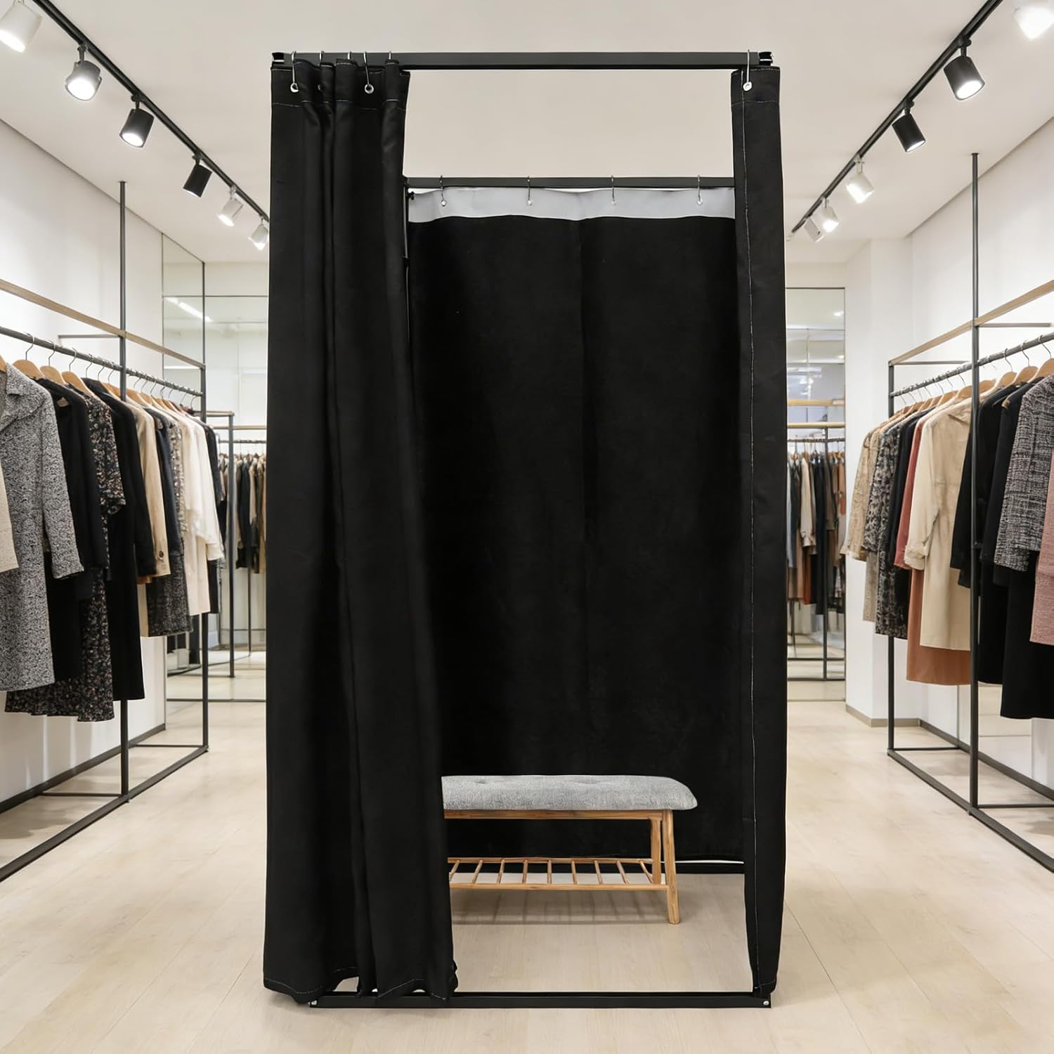 Clothing Store Fitting Room with Shading Curtain,Portable Changing Room for Clothing Shop Movable Temporary Mobile Changing Room Freestanding Privacy Protection Room (Black)