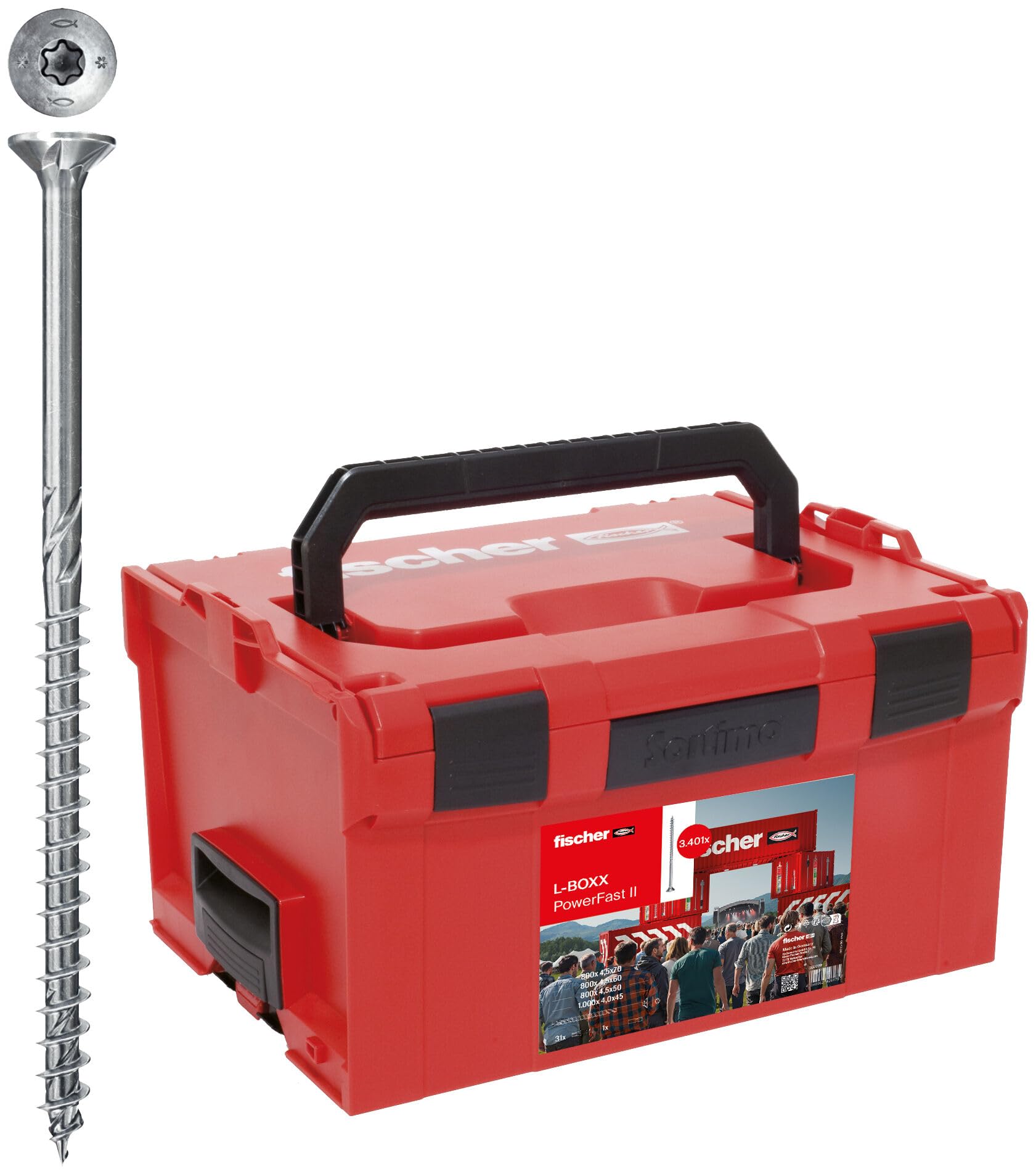 fischer L-Boxx PowerFast II, 3.400 tornillos PowerFast II para aglomerado en diferentes dimensiones con cabeza avellanada, accionamiento TX y rosca parcial, para un procesamiento rápido y flexible,
