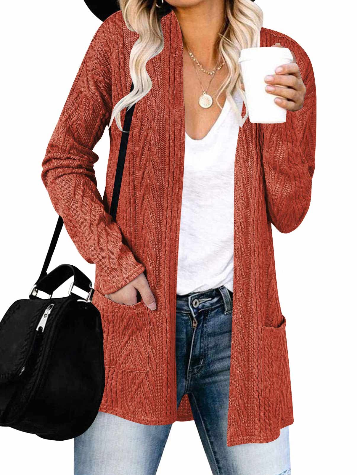 MEROKEETY Women's Casual Long Sleeve Open Front Cable Knit Cardigans  Lightweight Solid Color with Pockets