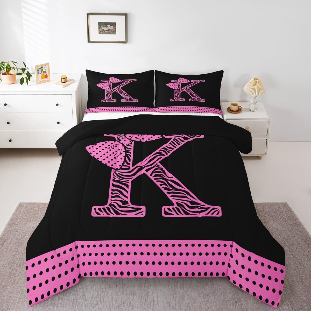 jejeloiu Pink Bow Kids Bedding Set Twin Size,Bow Pink Black Dots Comforter Set,Personalized Letter K Ultra Soft Duvet Quilt,Girl Bow Coquette Comforter Initial Letter K Bedroom Decor