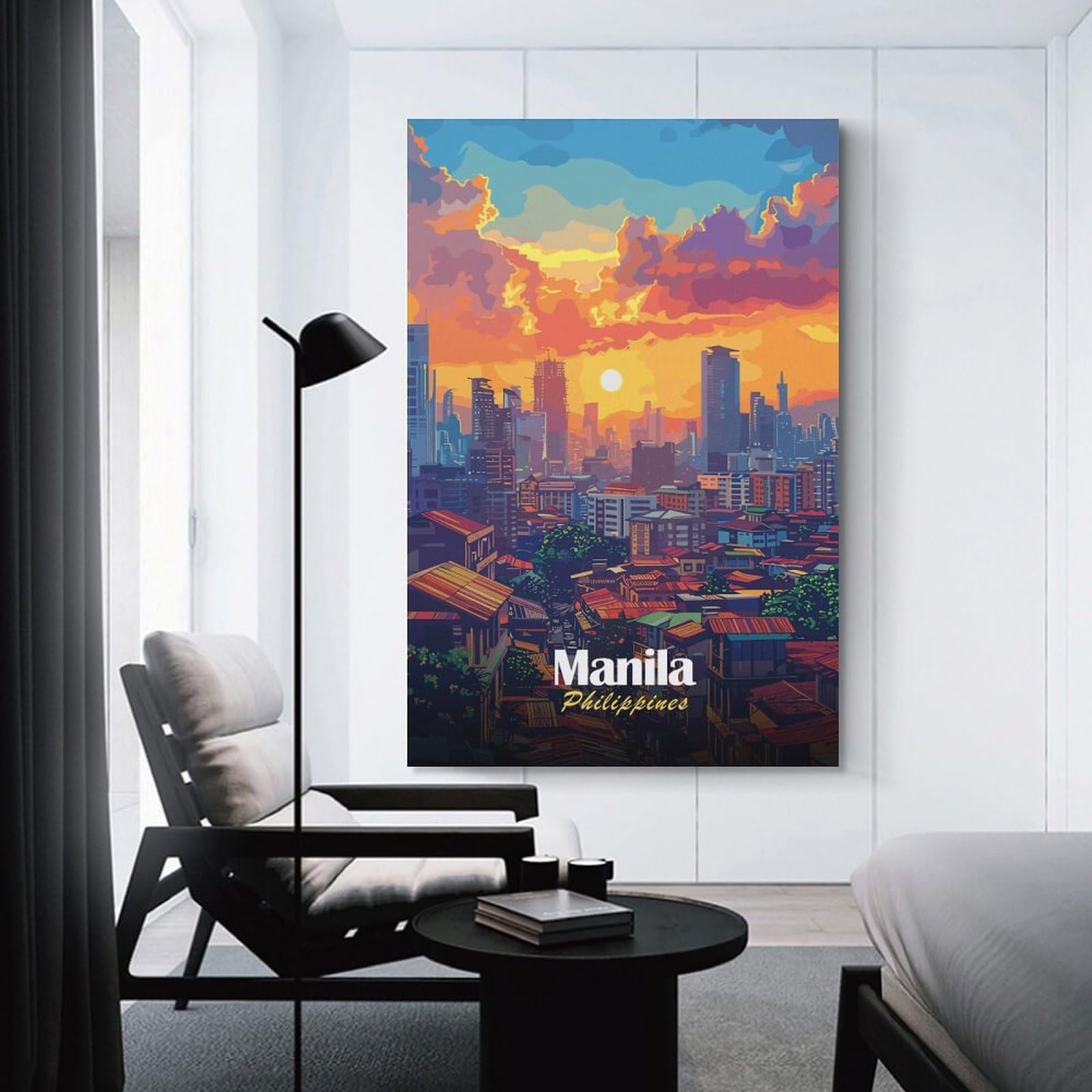 Junmoney Decorative Canvas Print Manila Philippines Cityscape at Sunset, 20x30inch(50x75cm), for Home Office, Desk Area Or Studio, Home Office Artwork with Decorative Appeal