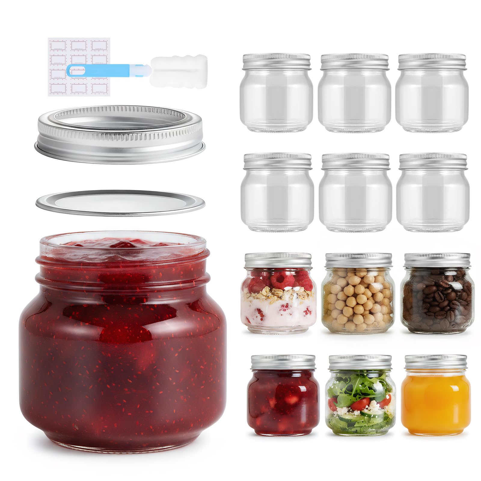 Glass Mason Jars 12 Pack 250ml with Airtight Lids, Round Mouth Canning Jars
