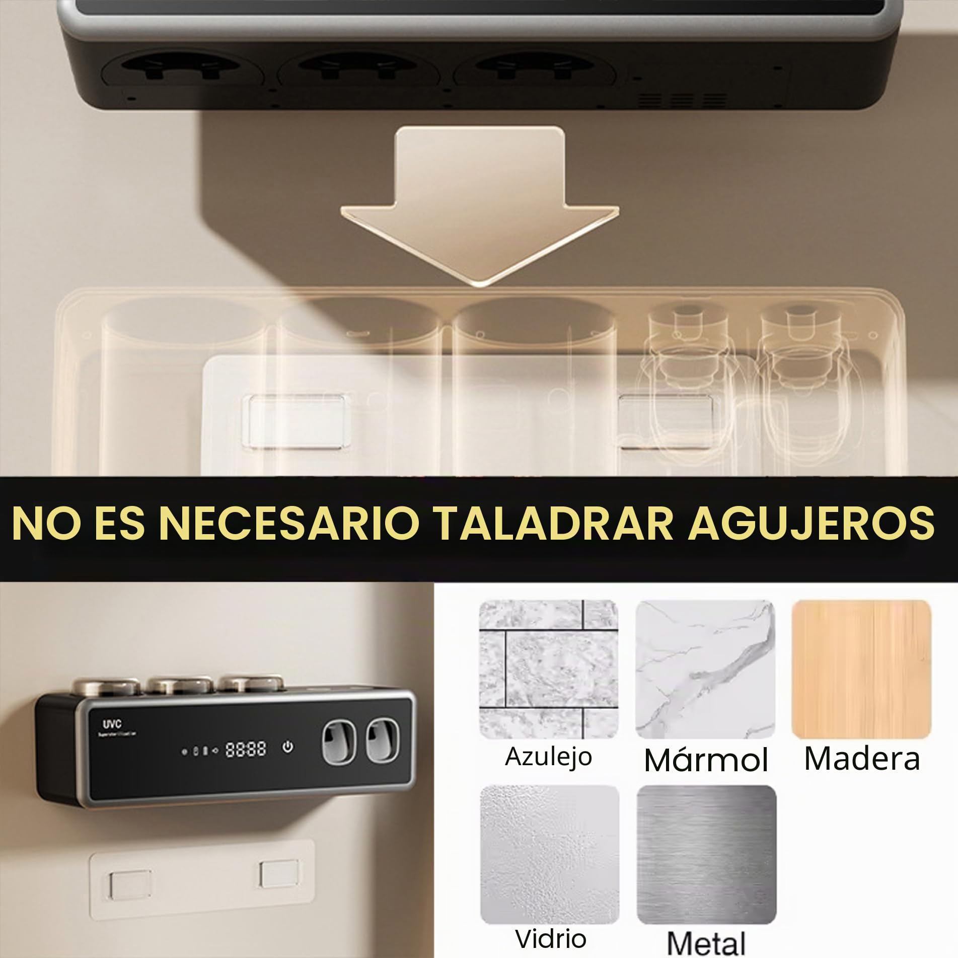 Soportes Inteligentes para cepillos de Dientes, Soporte eléctrico para cepillos de Dientes desinfectante UV montado en la Pared con dispensador de Pasta de para baño (Negro)