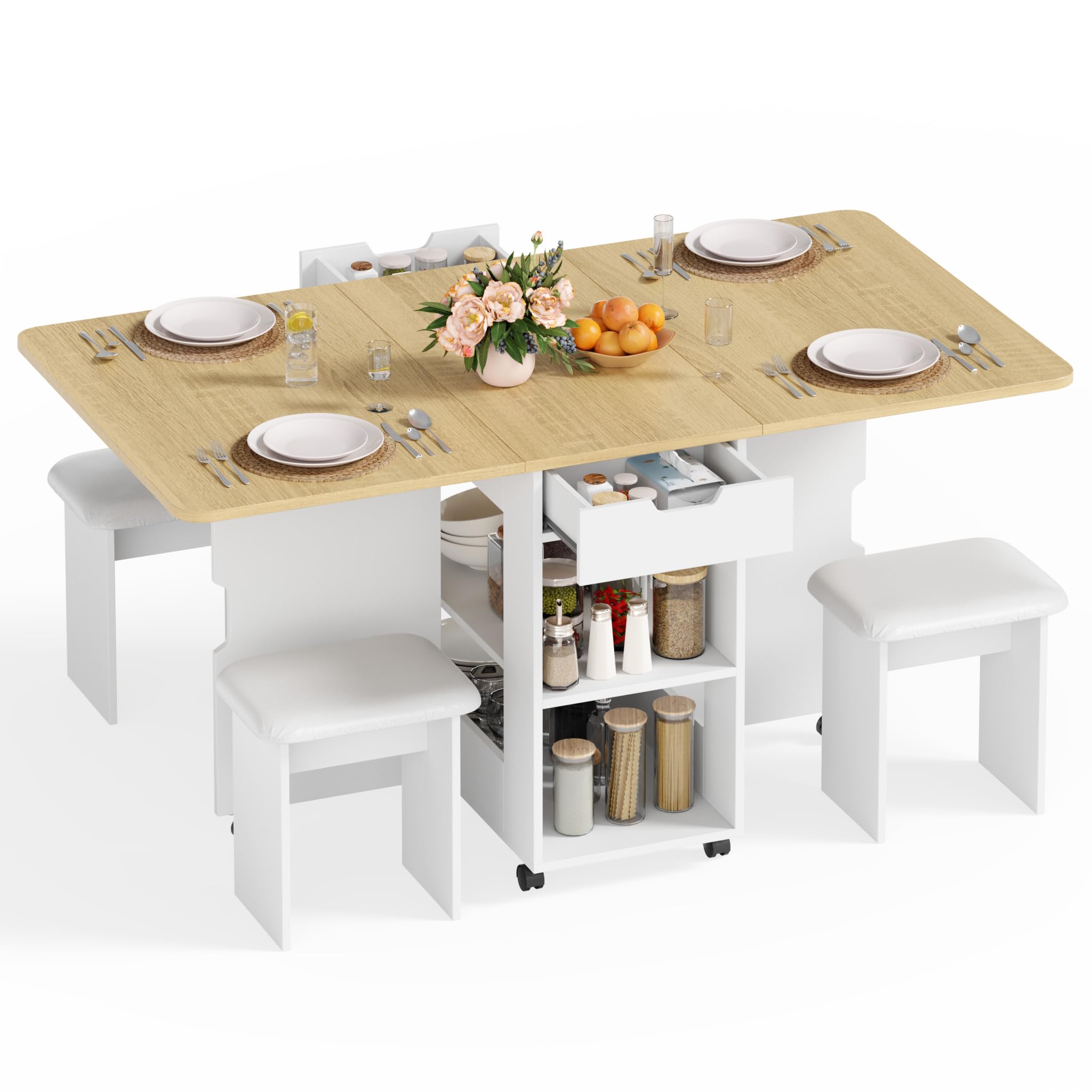 Mondeer Essgruppen, Klappbarer Esstisch mit 4 Stühlen und Schublade, Esstisch Set mit Rollen und 2 Offenen Ablagen, für Kleine Räume Esszimmer Küche, 140 x 80 x 75 cm (Eiche und Weiß)