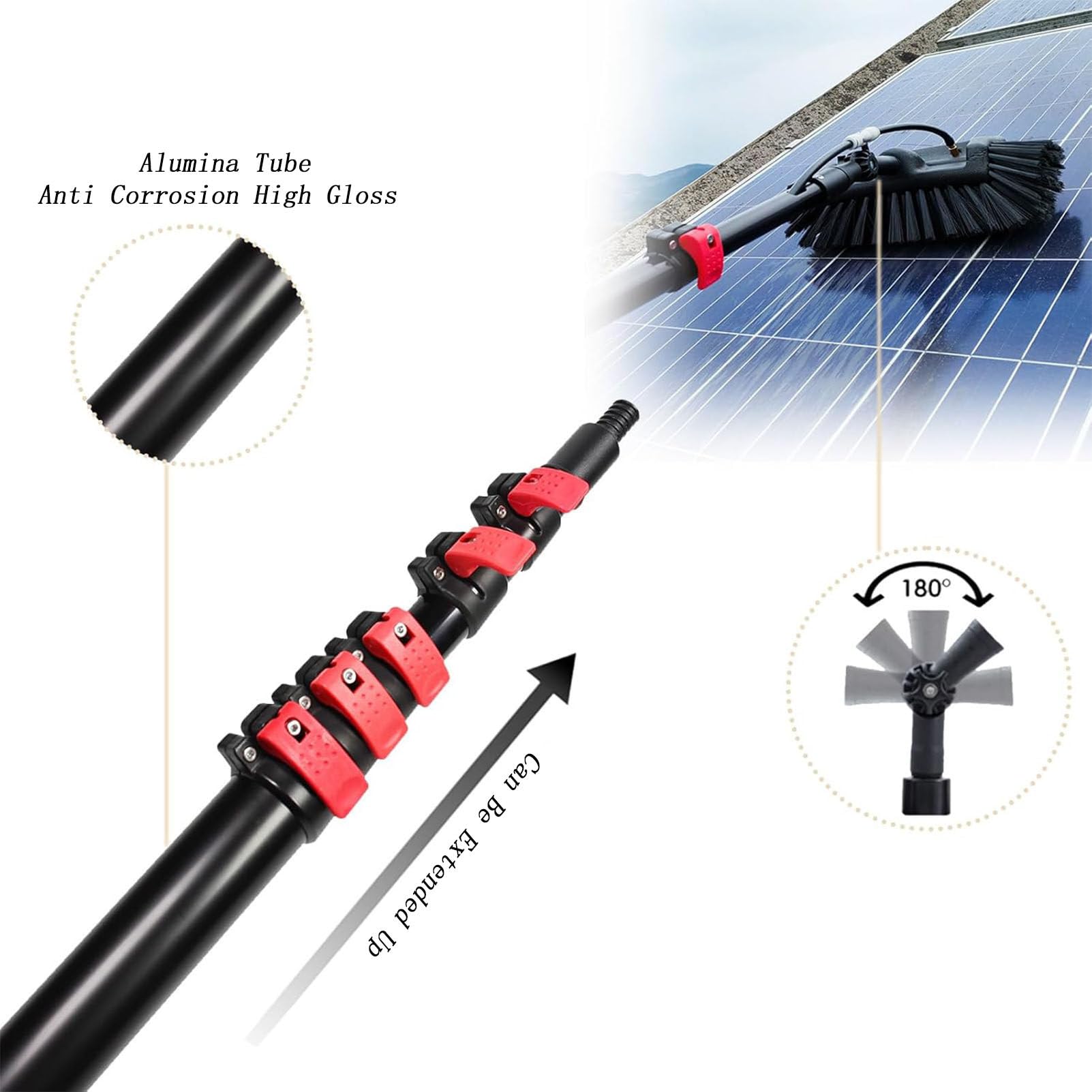 Teles - Spazzola per la pulizia dei pannelli solari alimentati ad acqua, strumento di pulizia per pannelli solari esterni, allungabile 29 cm-7,2 m, ideale per la manutenzione di impianti fotovoltaici