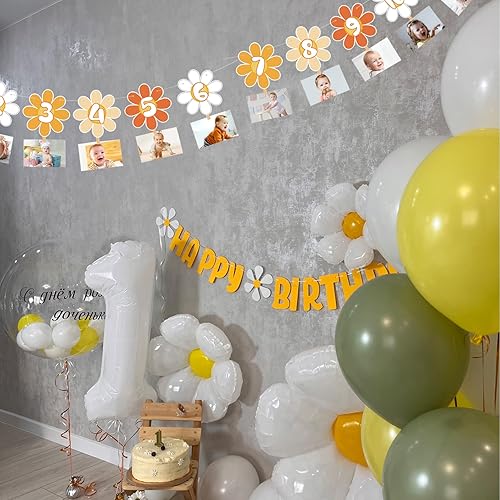 Miniatura 3 de Renyangbo Pancarta de fotos Groovy Party Daisy Garland Decoración de fiesta de primer cumpleaños Cartel mensual para niño y niña, pancarta bohemia