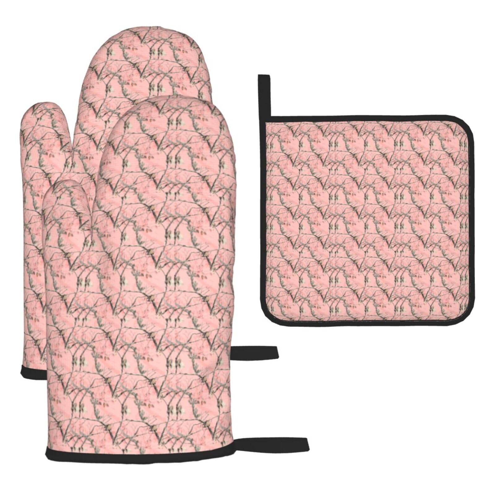 Red Leaves Camo Print Oven Set Kitchen Gloves Baking Grilling Microwaving Cooking Gift Everyday Holiday