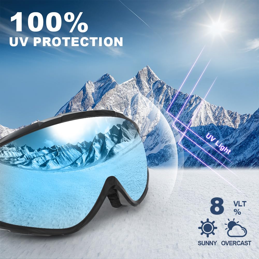 Findway Maschera da Sci, Occhiali da Sci per Uomo Donna Teenager OTG Maschere Sci,Anti Nebbia 100% Anti-UV Maschera Sci,Adatto a Snowboard,Motocross e Altri Sport Invernali