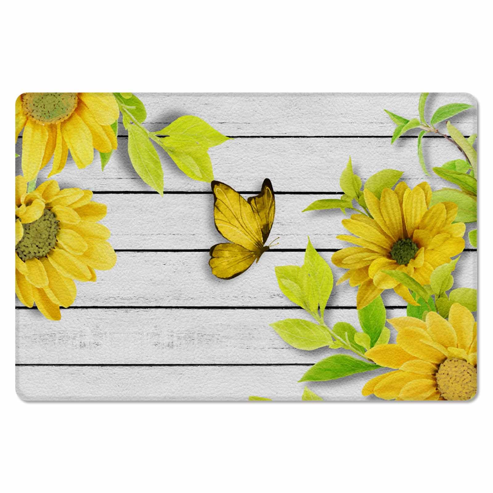 Yellow Sunflower Kitchen Bath Door Mat Cushioned Runner Rug,Washable Welcome Floor Sink Antifatigue Mat,Waterproof & Non-Slip Comfort Standing Doormat,Farmhouse Country White Wood Grain 20
