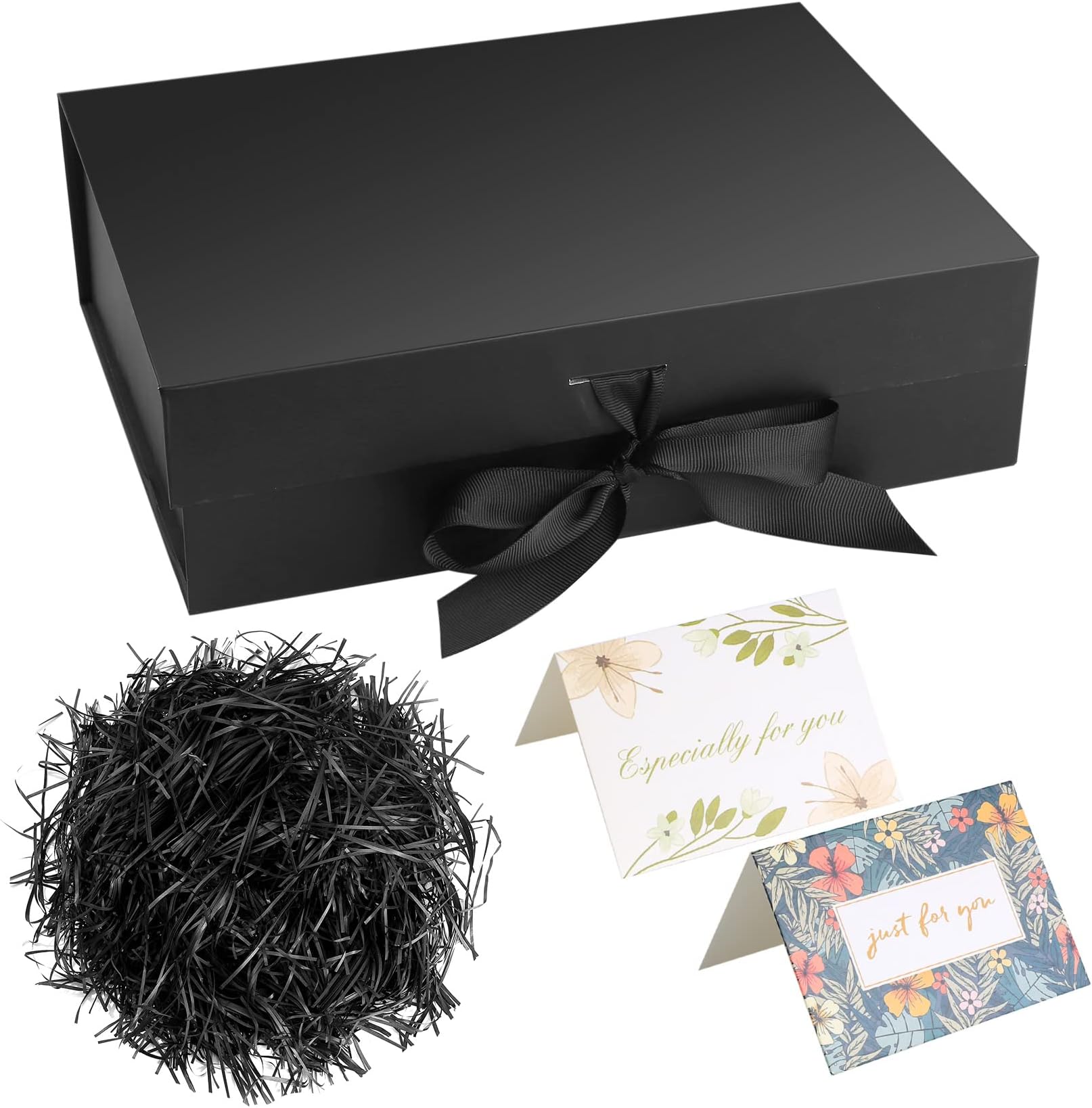 Christmas Black Gift Box with Ribbon, Luxury Magnetic Present Box with Lid, Large Rectangle Gift Packaging 26x19x8 cm, Decorative Gift Box with Shredded Paper and Cards